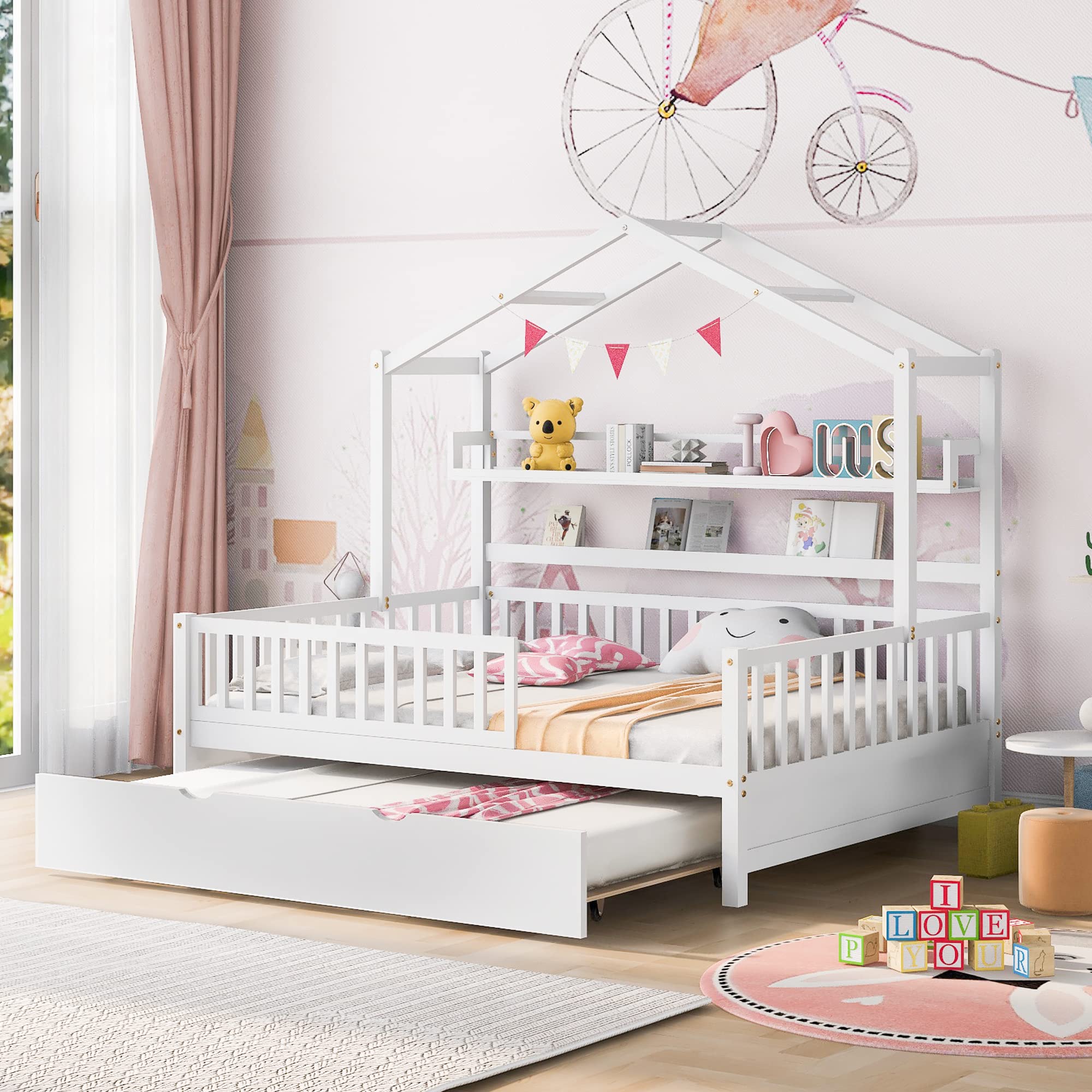 Wooden House Bed with Trundle - Kids Twin/Full Size Bed Frame with Built-in Shelf, Full-Length Safety Guardrail & Roof Design - No Box Spring Needed - White - Perfect for Bedroom, Playroom & Nursery Decor