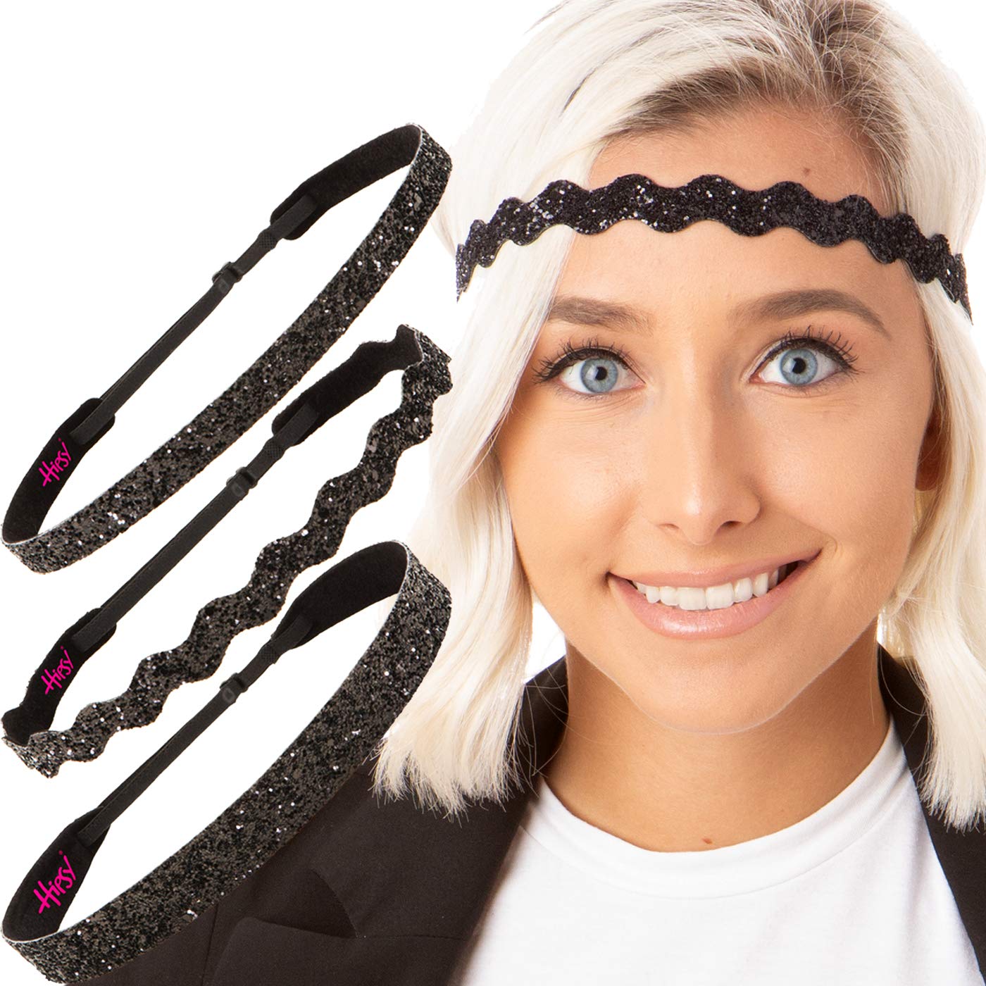 Sparkly Bling Mixed 3-Pack Adjustable No-Slip Headbands for Women, Girls & Teens - Petite Size (Bling Glitter Mixed Black) | Perfect for School, Sports, Workouts & Everyday Fashion Accessories