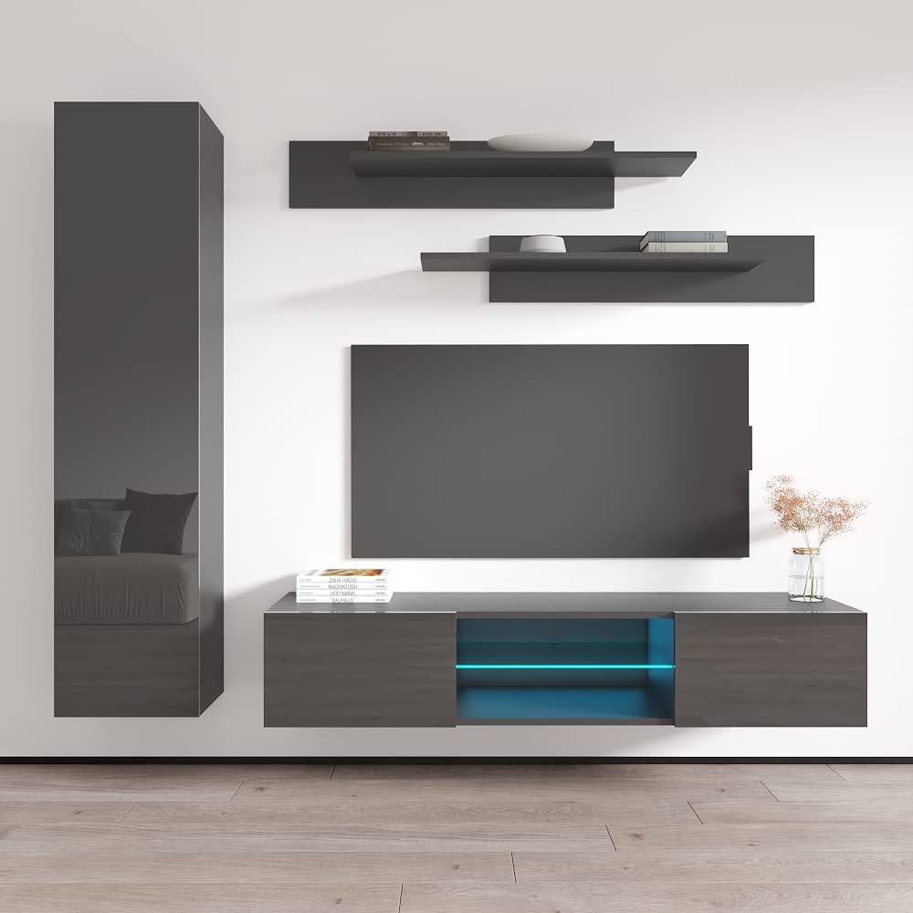 Modern Wall-Mounted TV Stand with Storage Shelves & LED Lights - Fly G 33 Entertainment Center Console for Living Room & Bedroom - Space-Saving Gray TV Cabinet (G1) - Perfect for Small Apartments, Dorms and Home Theater Setups