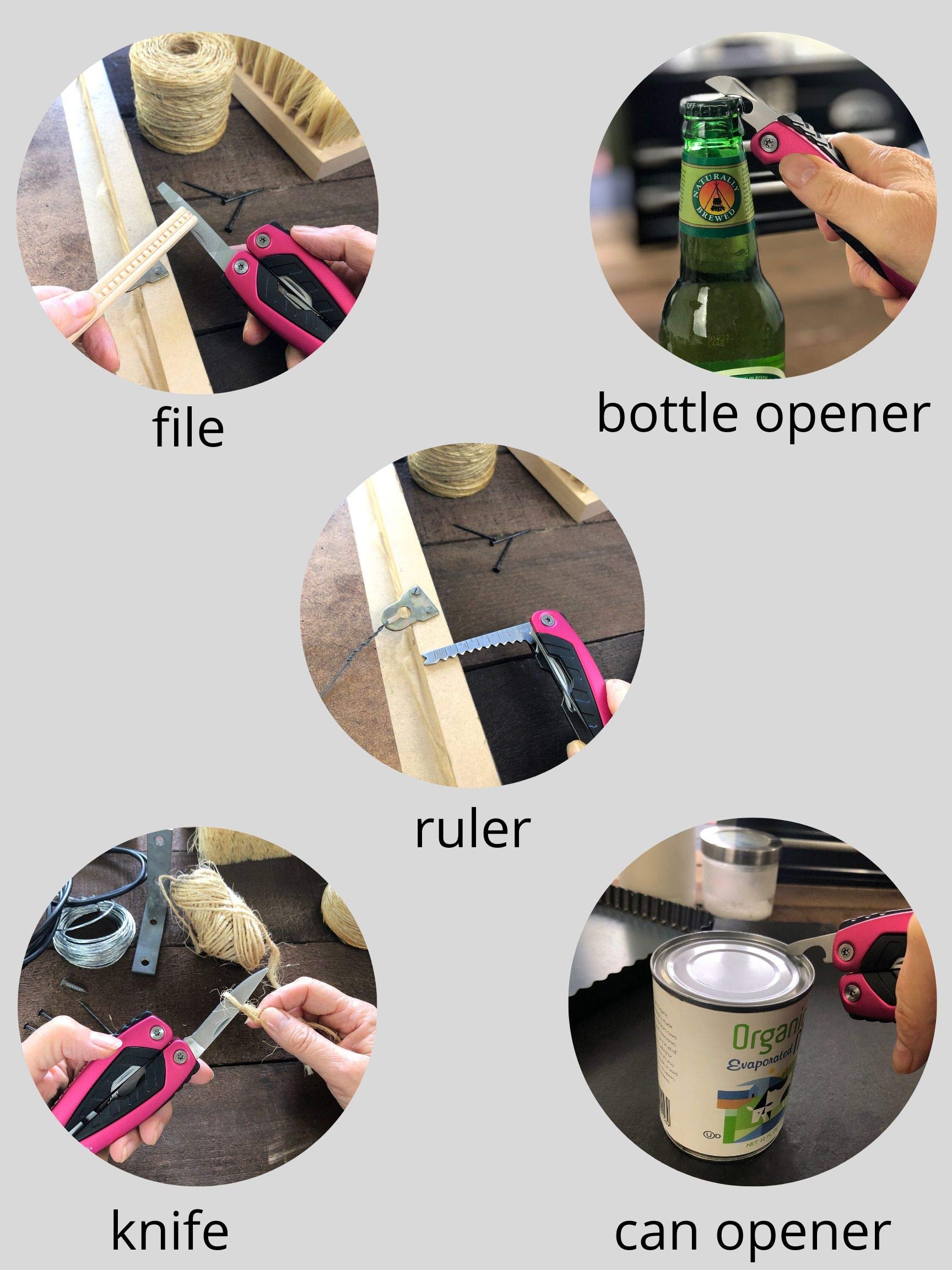 Apollo Tools 14-in-1 Steel Pocket Multitool Pliers with Pink Ribbon - Compact Multi-Function Tool for Everyday Repairs, Survival, Camping, Fishing & Outdoor Activities - Perfect Gift for DIY Enthusiasts (Model DT5015P)