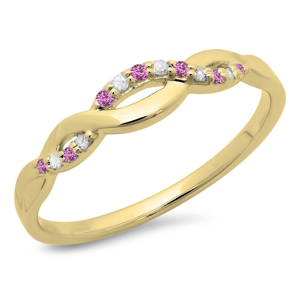 10K Solid Gold Pink Sapphire & White Diamond Wedding Band for Women - Stackable Swirl Ring for Bridal, Anniversary, and Special Occasions - Perfect for Proposals, Engagements, and Romantic Gifts