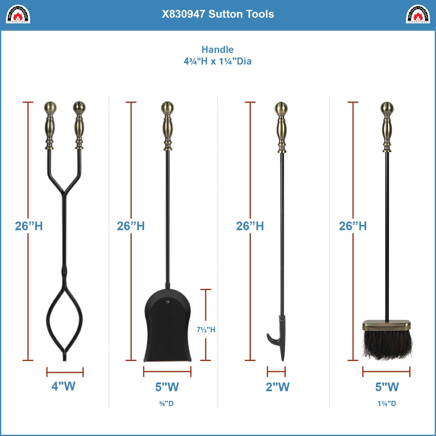 Sutton 5-Piece Fireplace Tool Set - Antique Brass & Black Finish - Heavy Duty Fireplace Accessories for Wood Burning Stoves & Fire Pits - Perfect for Indoor & Outdoor Use