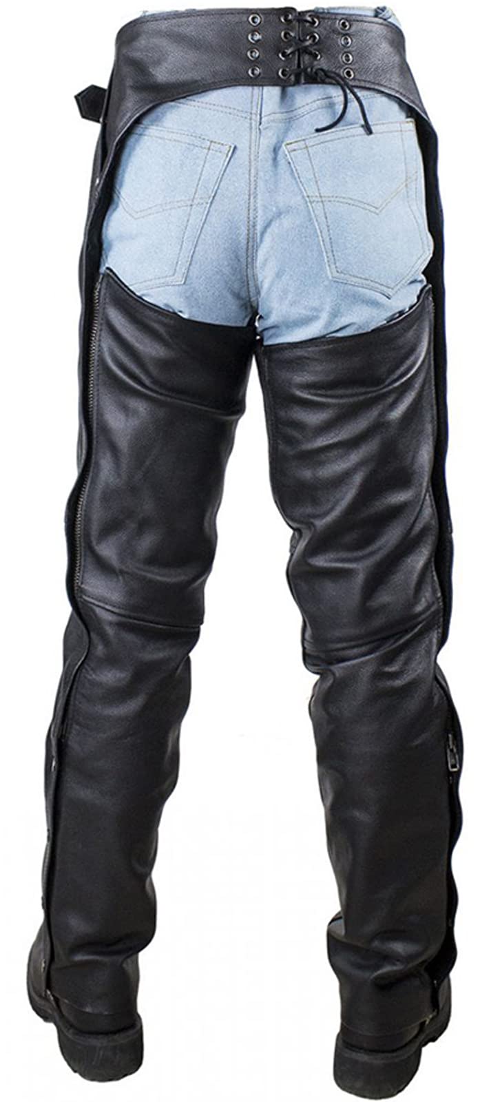 Black Leather Motorcycle Riding Chaps for Men & Women - Cowboy Biker Pants with Liner & 4 Pockets | Durable Protection for Harley, Cruiser & Adventure Riding