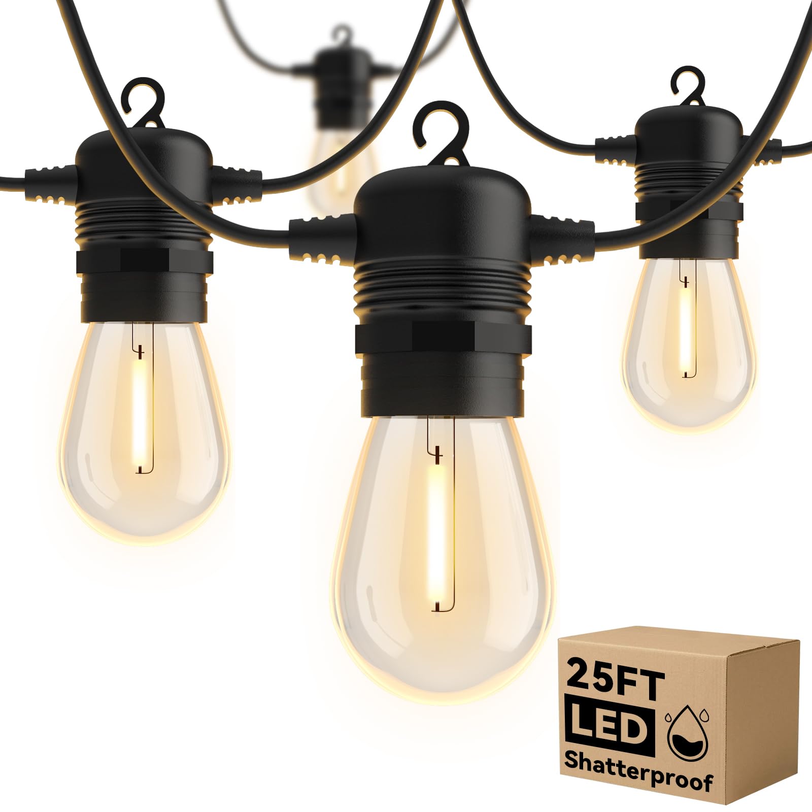 Waterproof 25FT LED Outdoor String Lights - Shatterproof S14 Bulbs, Dimmable & Linkable Patio Lights for Porch, Backyard, Garden, Balcony, Bistro & Commercial Use | Perfect for Outdoor Dining, Wedding Decor & Landscape Lighting
