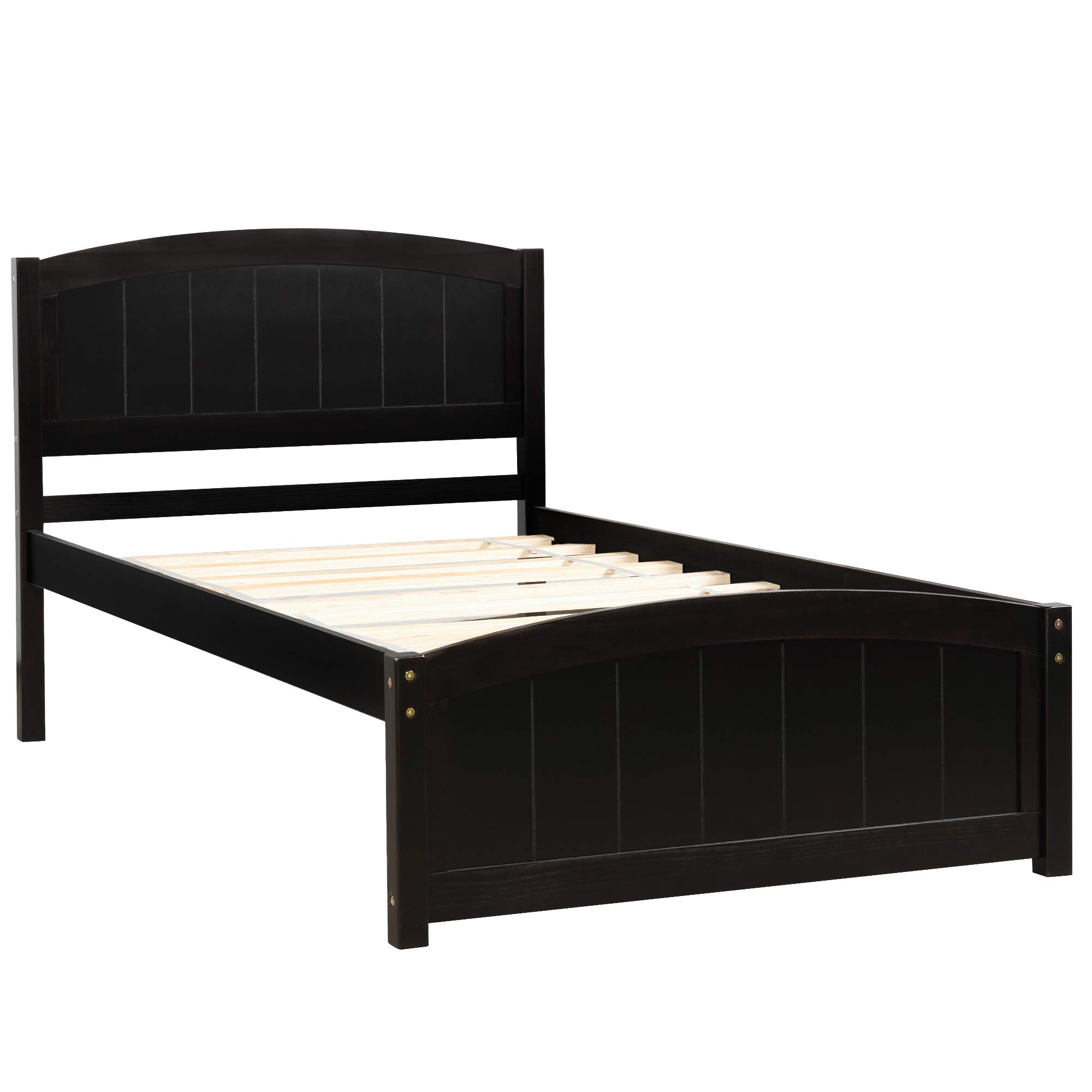 Merax Twin Size Wooden Platform Bed Frame with Headboard & Footboard - Sturdy Wood Slat Support, No Box Spring Required - Espresso Finish - Perfect for Kids Rooms, Guest Bedrooms & Small Spaces