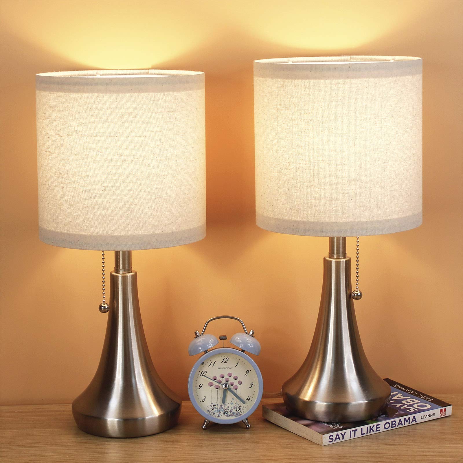AMUV Small Table Lamps Set of 2 - Oatmeal Shade Bedside Lamps with Pull Chain Switch for Small Spaces, Dorm Rooms & Nightstands (Bulb Not Included) | Perfect for Bedrooms, Reading Nooks & Cozy Corners