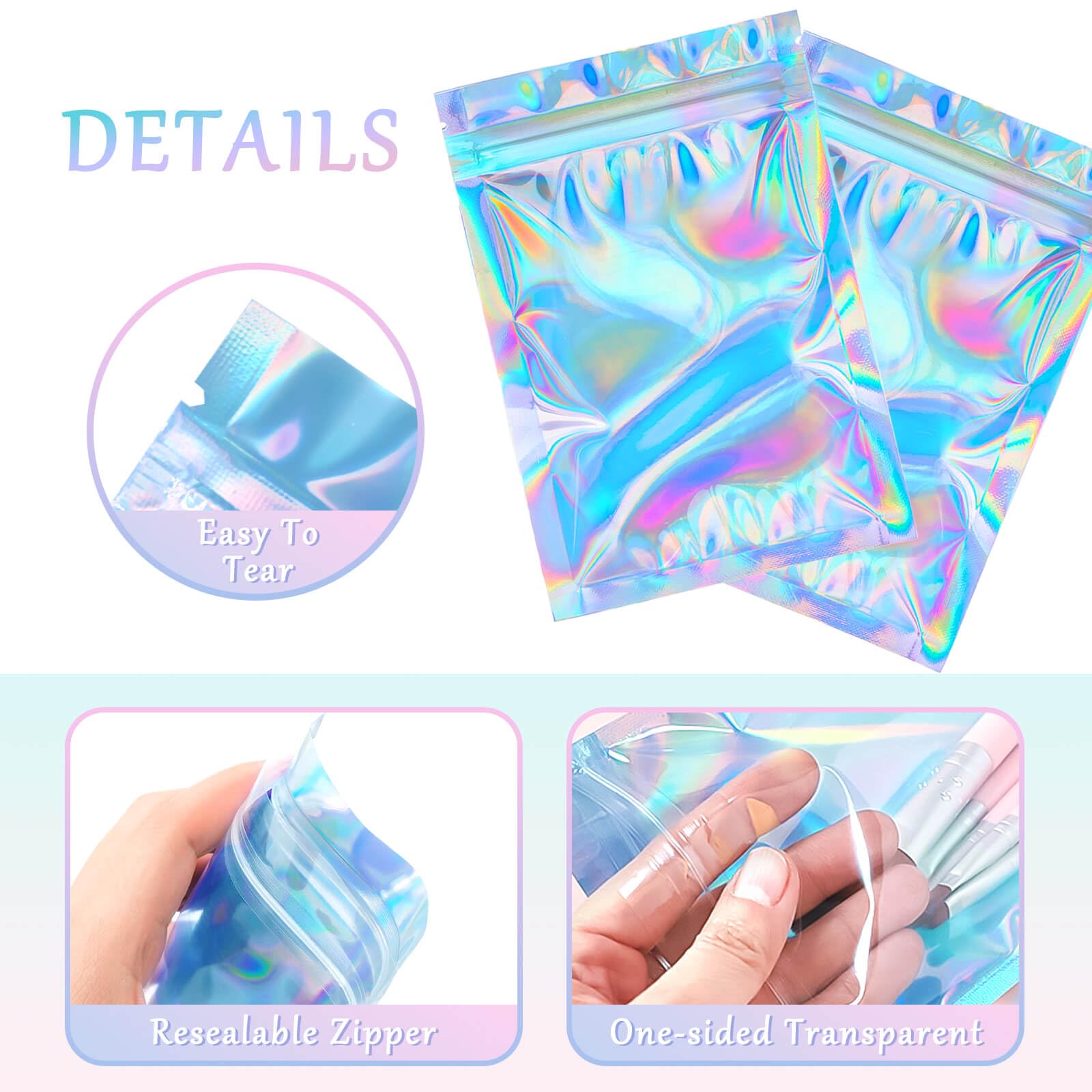 Holographic Mylar Bags 2.3x3 Inch - 100 Pack Resealable Foil Pouches for Food Storage, Candy, Jewelry & Small Item Packaging | Perfect for Snacks, Beads, Crafts & Travel Organization