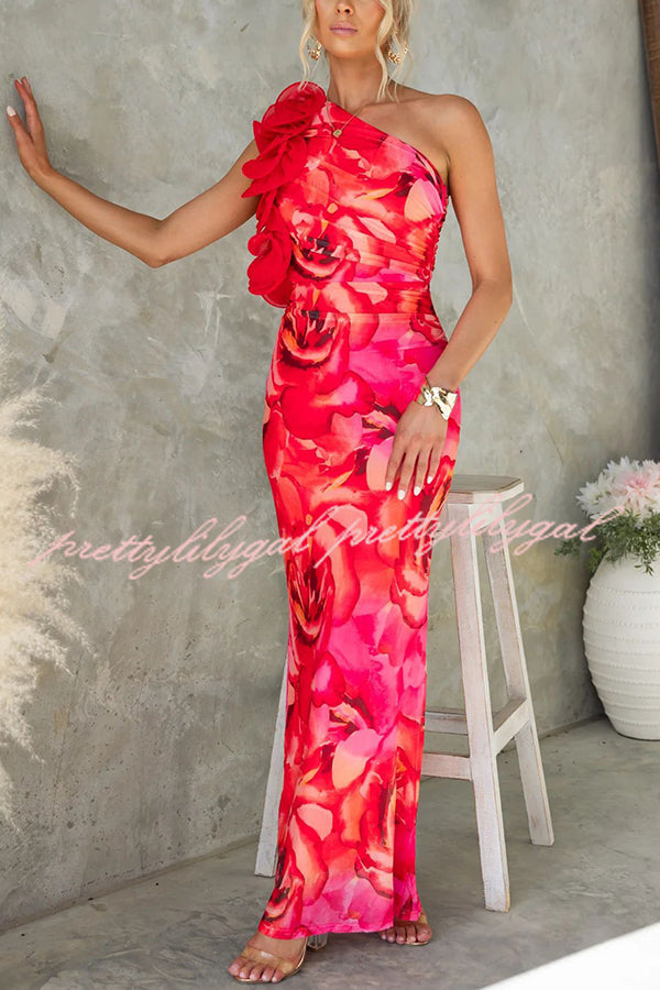 Floral Print Sleeveless 3D Flower One Shoulder Slim Maxi Dress for Women - Elegant Summer Beach Party, Wedding Guest & Cocktail Evening Gown