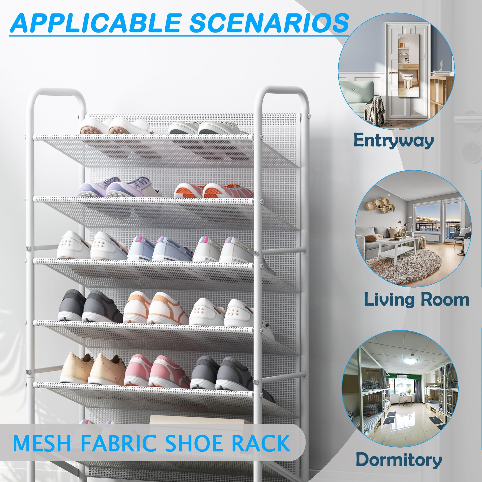 4-Tier Metal Shoe Rack Organizer - Space Saving Narrow Shoe Shelf for Closet, Entryway, Hallway & Dorm Room - Durable Mesh Fabric Design (White) - Perfect for Small Spaces & Apartment Living