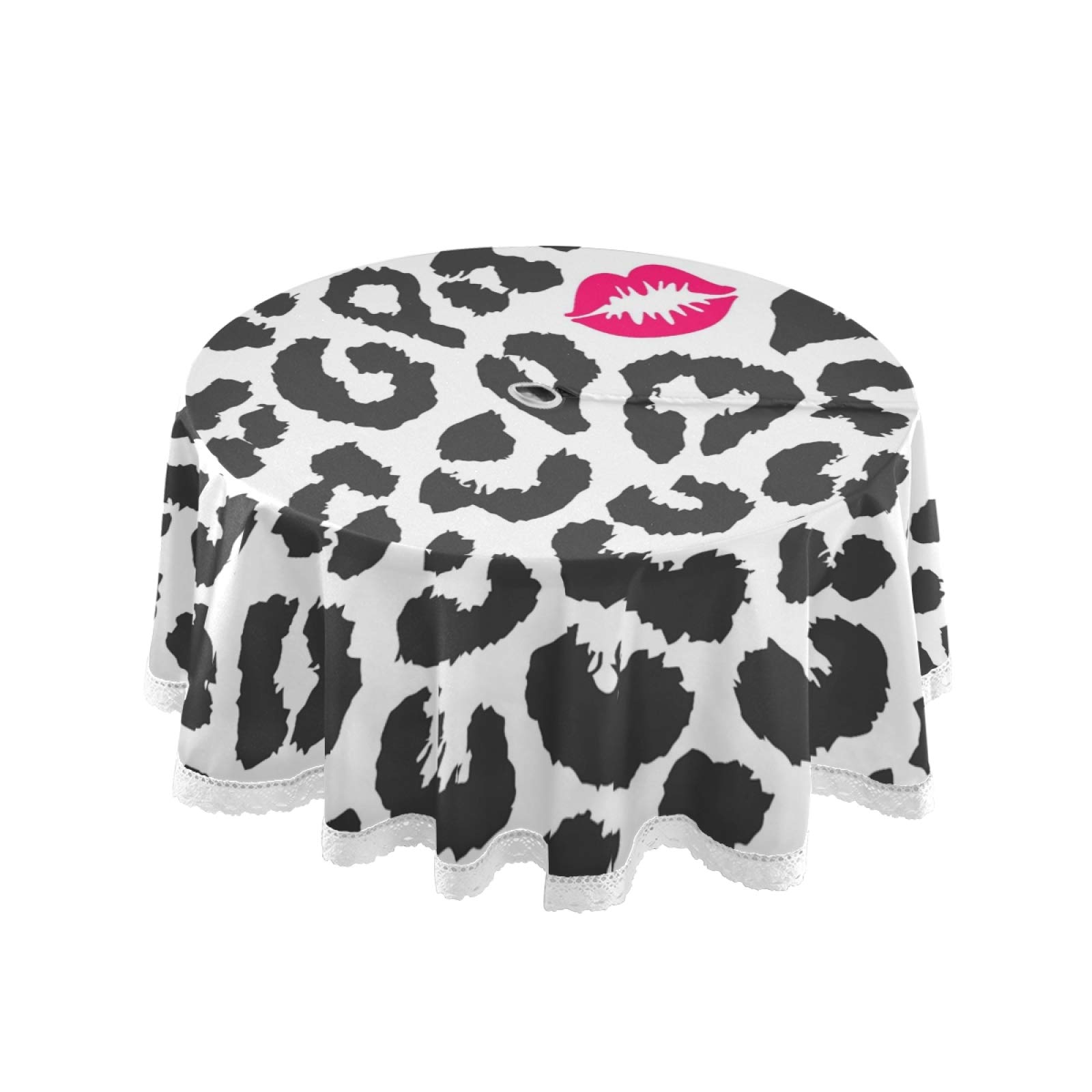 Waterproof Spillproof Round Tablecloth with Zipper Umbrella Hole - Indoor Outdoor Patio Table Cover for Backyard Parties, Picnics, BBQs - Sexy Leopard Print with Red Lips - Perfect for Spring/Summer Gatherings and Dining Al Fresco