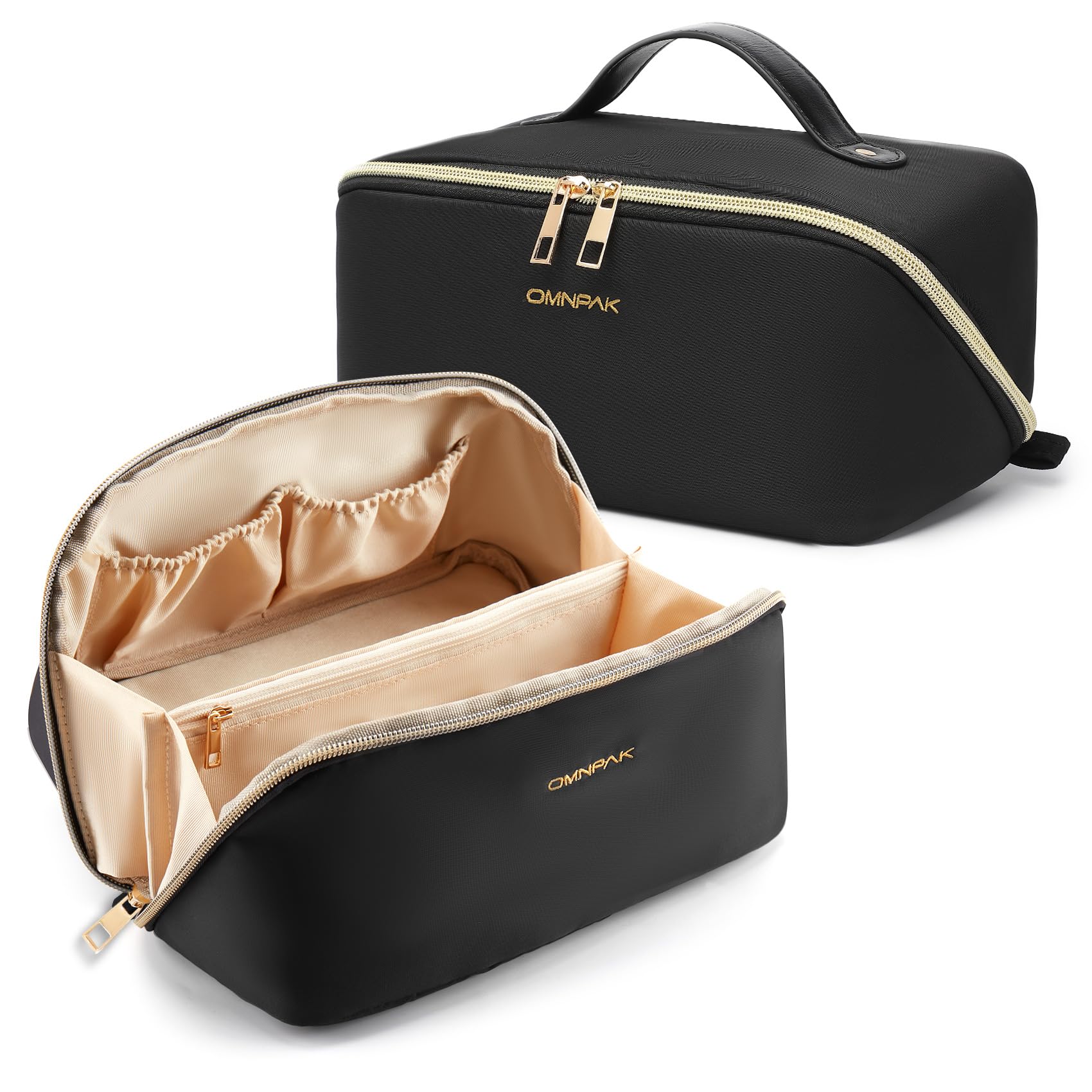 Omnpak Makeup Bag for Women - Open Flat Cosmetic Organizer with Zipper, Travel & Daily Use Makeup Pouch, Black | Perfect for Gym, Work, Vacation & On-the-Go Touch Ups