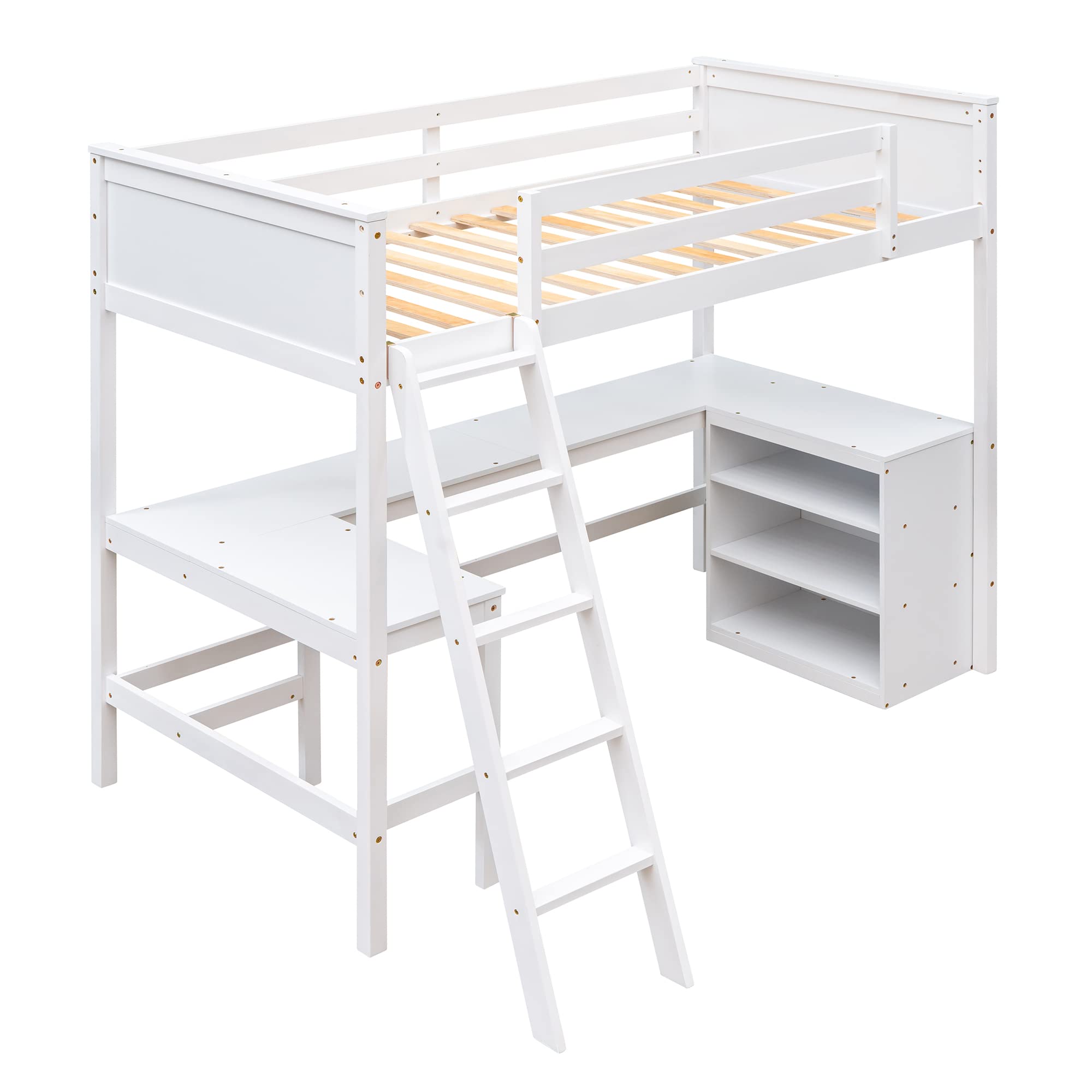 SOFTSEA Twin Loft Bed with Desk & Storage - Sturdy Wooden Bunk Bed Frame with Shelves for Kids, Teens, Boys & Girls - Perfect for Small Rooms, Dorms & Apartments - White Space-Saving Furniture