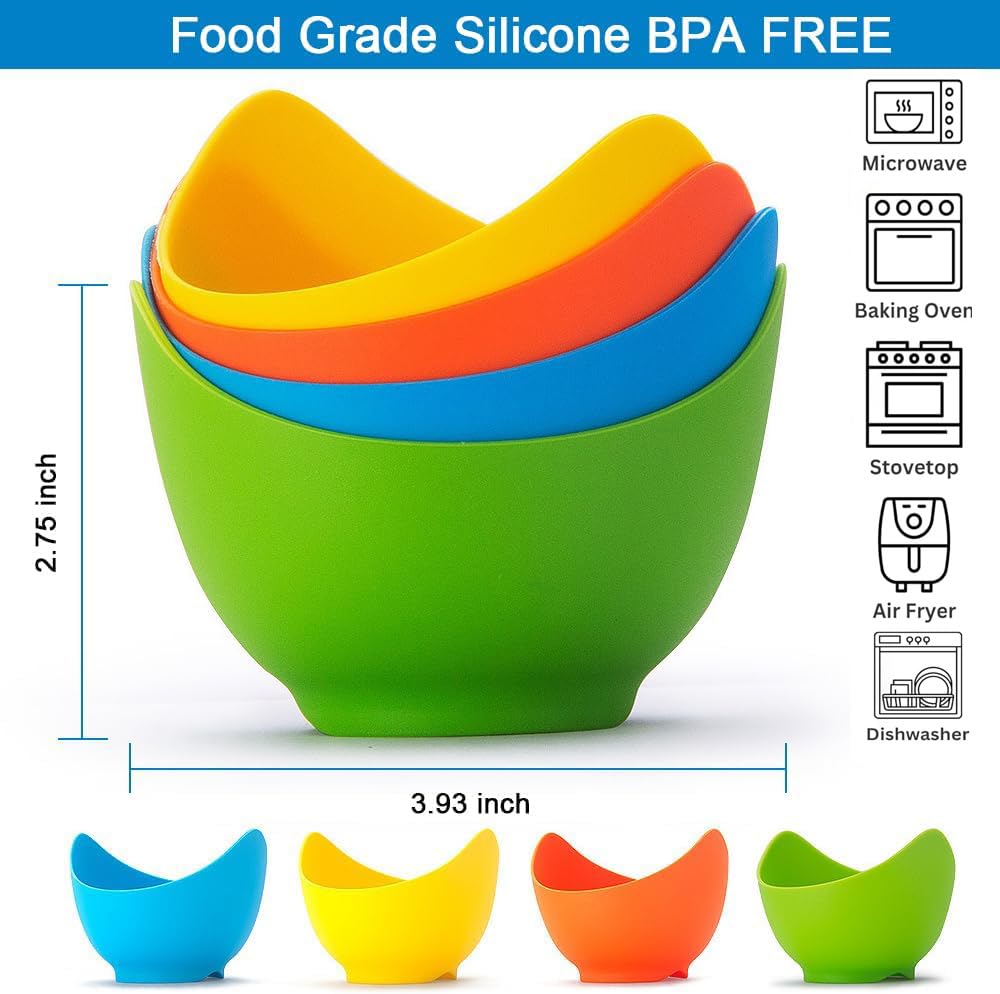 4-Pack Silicone Egg Poacher Cups with Ring Stands - BPA Free Microwave, Stovetop & Air Fryer Safe Egg Cooker - Includes Bonus Oil Brush - Perfect for Poached Eggs, Breakfast Meal Prep & Healthy Cooking