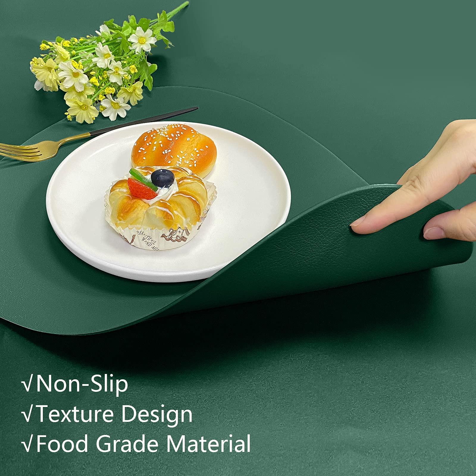 Premium Green Faux Leather Placemats Set of 6 - Waterproof & Washable Round Table Mats for Kitchen, Dining Room, Patio - Indoor/Outdoor Holiday Decor & Christmas Table Setting Accessories - Perfect for Dinner Parties, Family Gatherings & Festive Celebrations