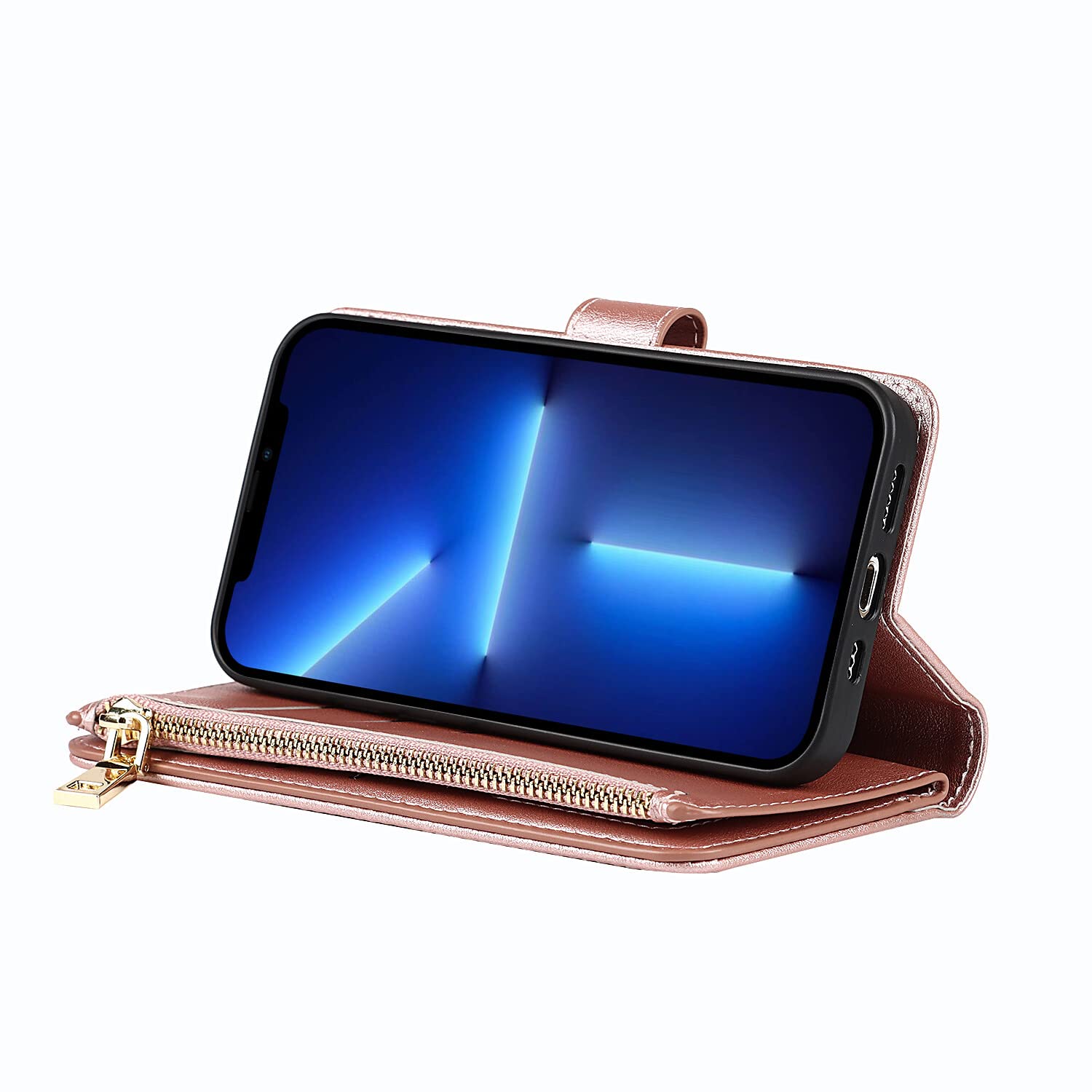 Premium Leather Wallet Case for iPhone 13 Pro - Magnetic Card Holder with Crossbody Strap & Stand Function | Rose Gold Protective Cover for Women & Men | Perfect for Travel, Shopping & Daily Use