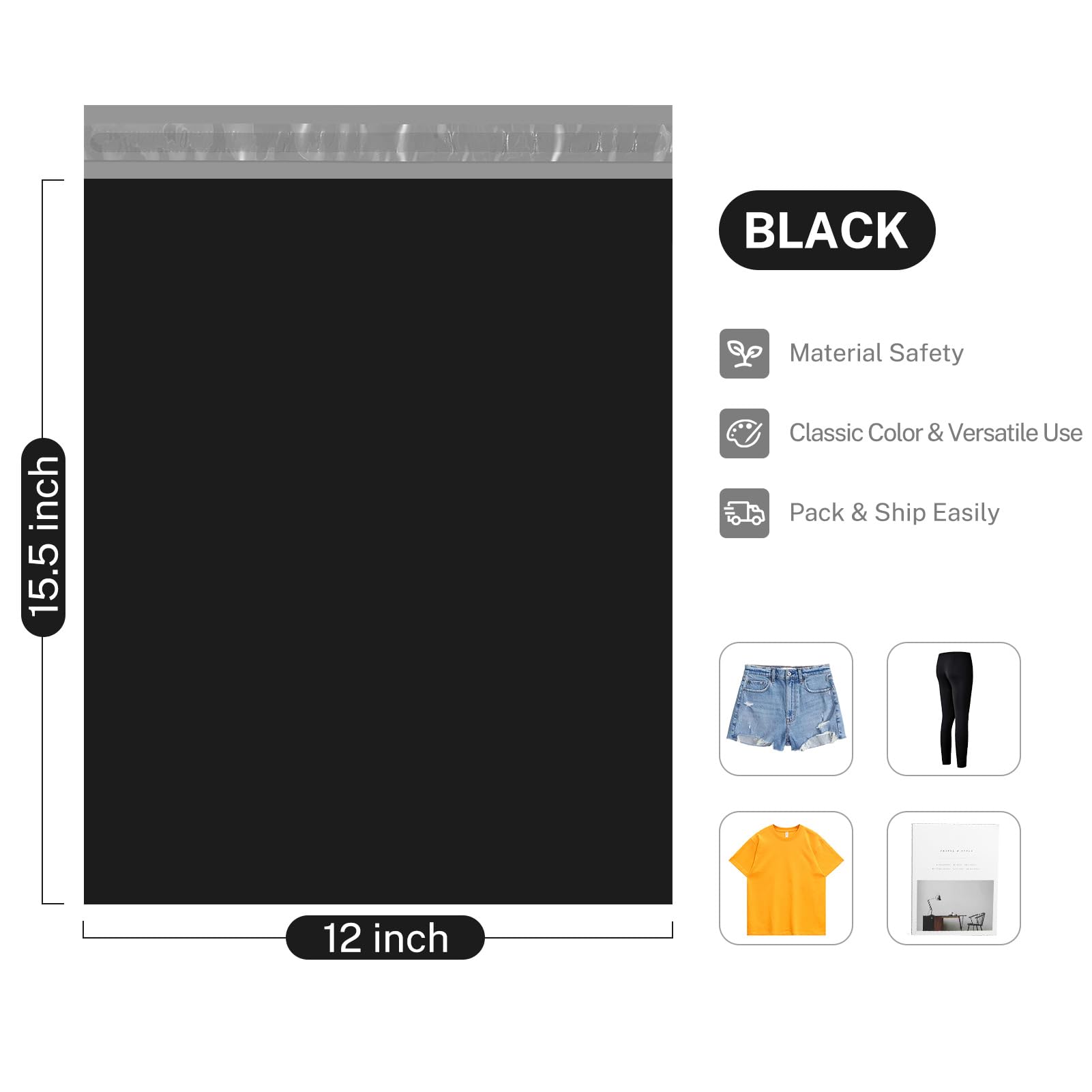 Metronic 12x15.5 Inch Poly Mailers - 100 Pack Waterproof Self-Adhesive Shipping Envelopes | Tear-Proof Postal Bags for Ecommerce, Clothing & Small Business Shipping (Black)