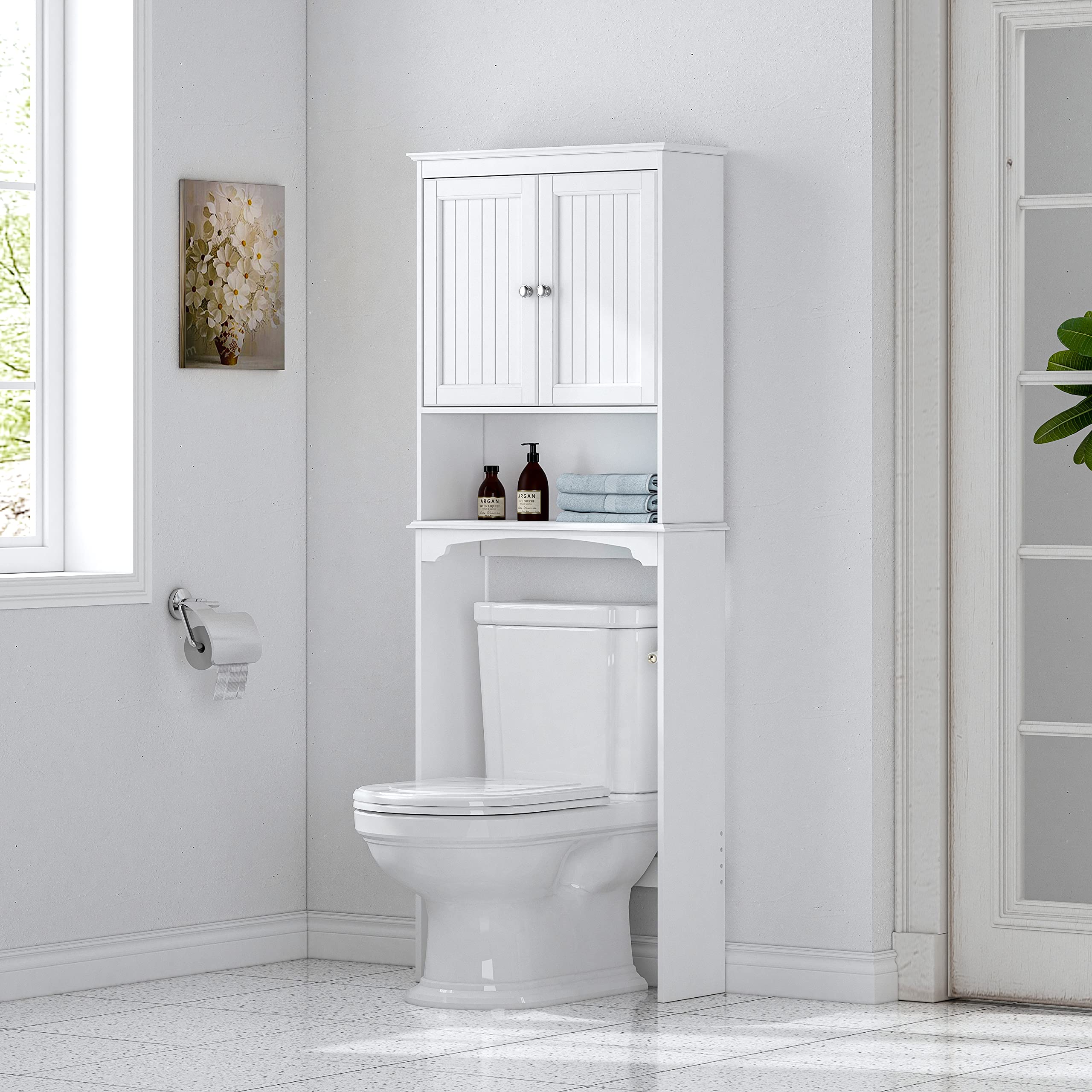 White Over The Toilet Storage Cabinet - Bathroom Shelf Organizer with 3-Tier Space Saving Design for Towels, Toiletries & Decor - Perfect for Small Bathrooms, Apartments & Powder Rooms