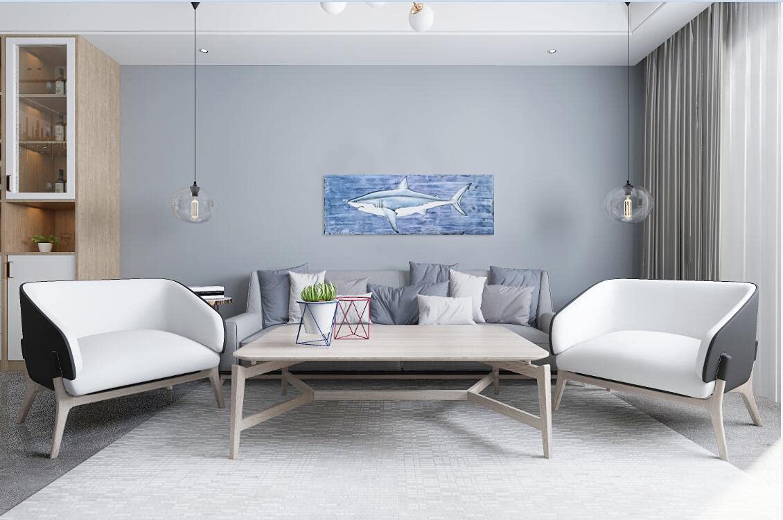 Hand Painted Coastal Canvas Wall Art - Modern Abstract Blue & White Fish & Shark Paintings - Textured Contemporary Ocean Themed Decor for Living Room, Bedroom, Bathroom - Perfect for Beach House, Office & Nautical Interior Design