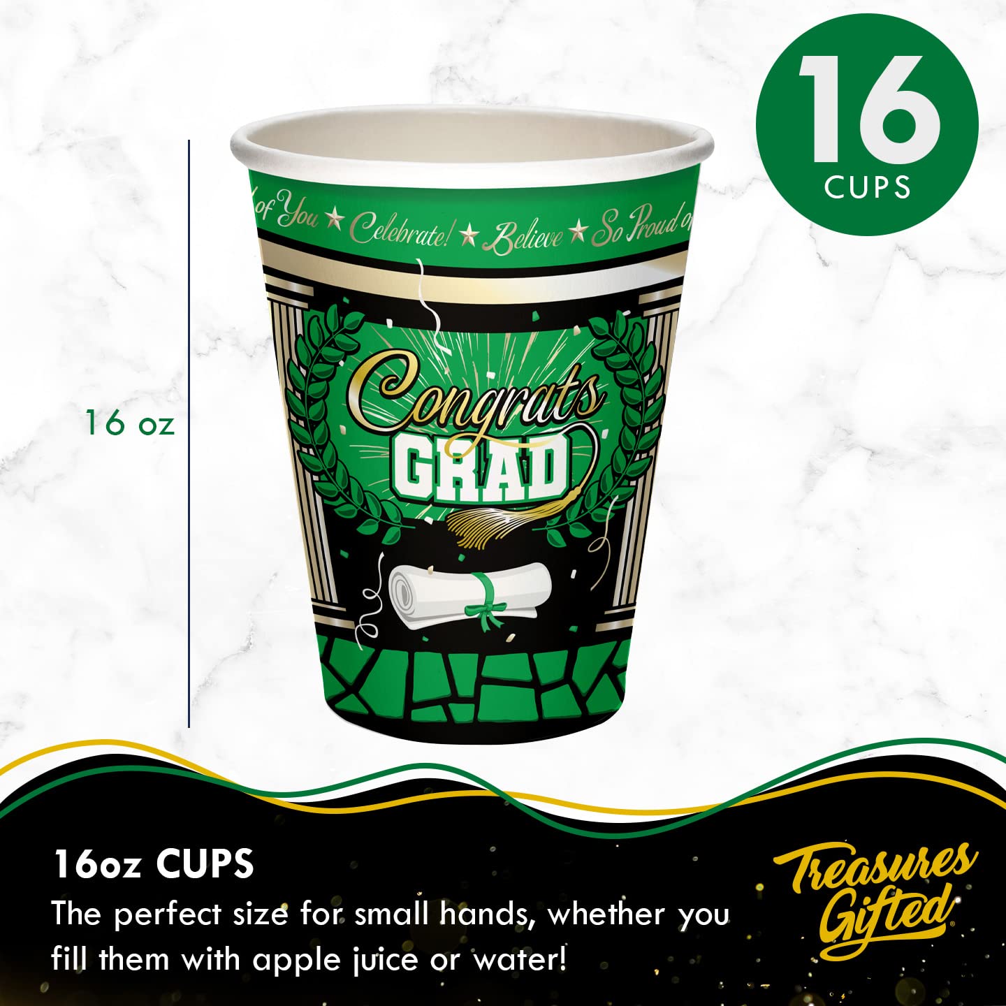Treasures Gifted Green Graduation Dinnerware Set - 16-Piece Classic Plates, Napkins & Cups for Class of 2025 - Eco-Friendly Grad Party Decorations - Perfect for Graduation Celebrations, Banquets & School Events