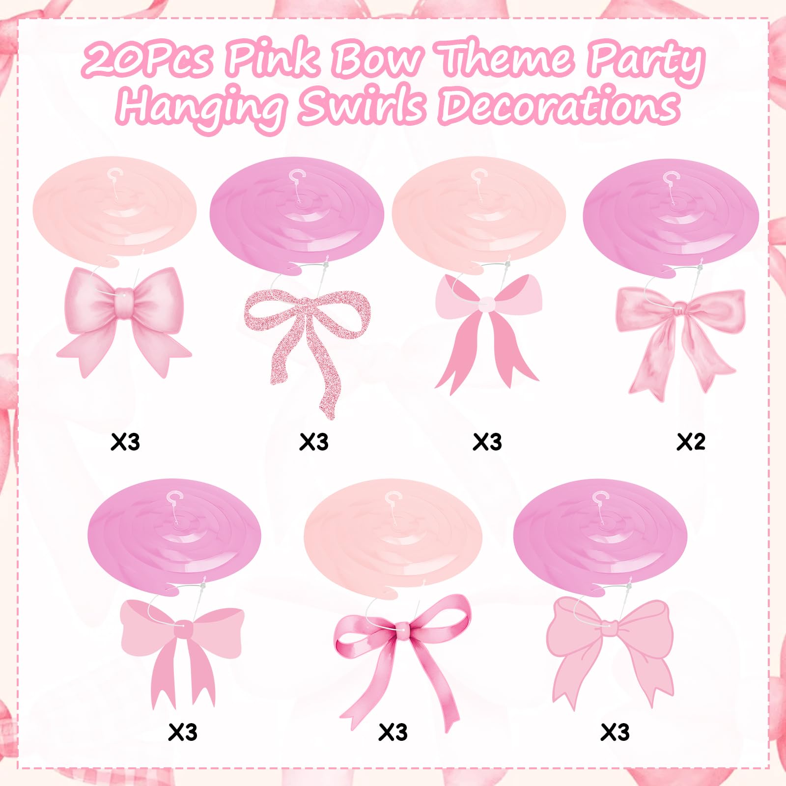 Pink Bow Party Hanging Swirl Decorations - Elegant Bow Theme Birthday Party Decor for Girls, Baby Shower, Bridal Shower & Bachelorette Party - Perfect for Wall, Ceiling & Table Decorations