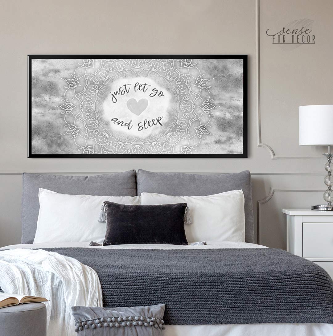 Boho Just Go And Sleep Large Canvas Wall Art - Bohemian Mandala Wall Decor for Master Bedroom, Above Bed Decor (Grey & Black Floating Frame 42x19) - Perfect for Meditation Spaces & Boho Chic Home Decor