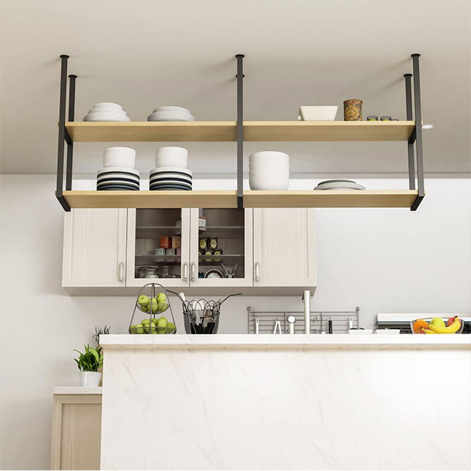 Industrial Black Wrought Iron Floating Shelf with Solid Wood - 80x30x80cm Ceiling Mounted Storage for Wine, Plants & Kitchen Decor | Perfect for Modern Home, Bar, Restaurant & Office Display