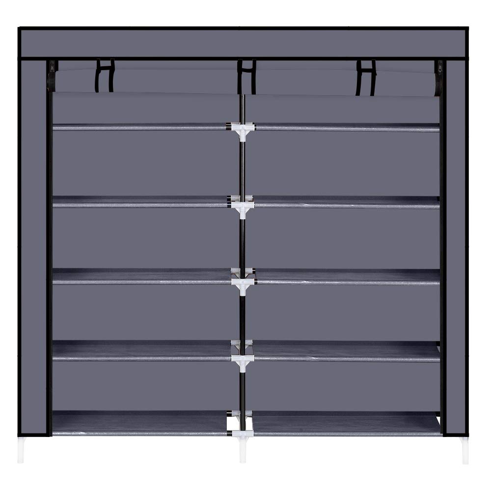 BNSPLY Double Row Non-Woven Fabric Shoe Rack - Holds 36 Pairs, Portable Shoe Storage Organizer with Durable Cover, Space-Saving Grey Shoe Shelf for Closet, Entryway, or Dorm Room Organization