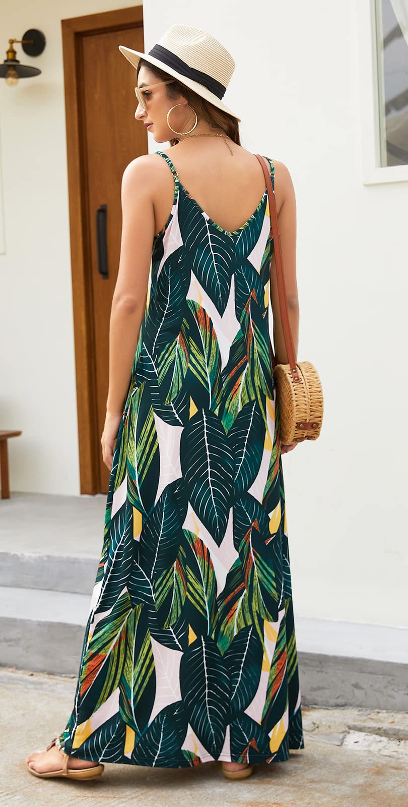 Supnier Women's Summer Maxi Dress - Casual V-Neck Sleeveless Bohemian Floral Long Dress with Spaghetti Straps & Pockets | Perfect for Beach Vacations, Date Nights & Outdoor Parties