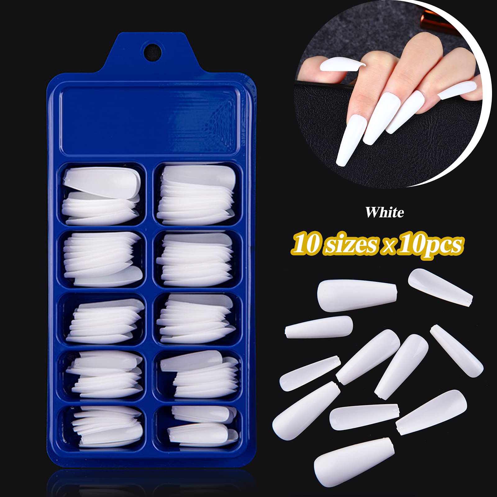 300PCS Long Press On Nails - Coffin Shaped Fake Nails with Full Cover, 10 Sizes Artificial Nails Kit for Women & Girls (Black, White, Pink) - Perfect for Nail Art, Manicure, Parties, Weddings & Daily Wear