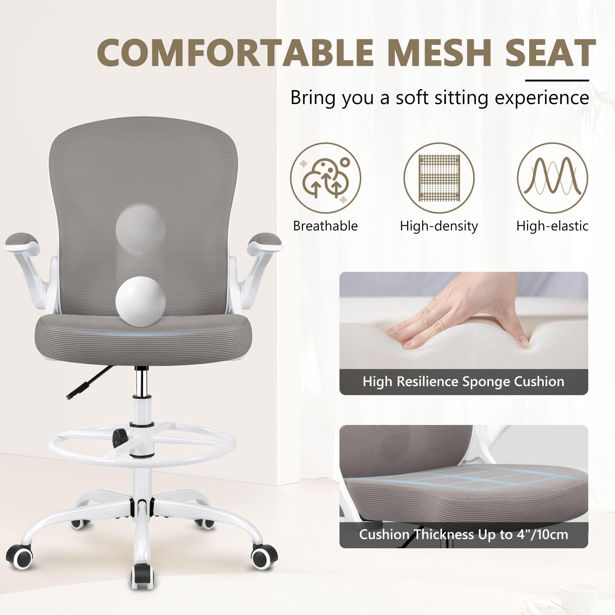 Ergonomic Drafting Chair - Adjustable Height Office Chair with Lumbar Support, Swivel & Rolling Base, Flip-Up Armrests & Foot Ring for Standing Desk - Perfect for Architects, Artists & Home Office (Gray)