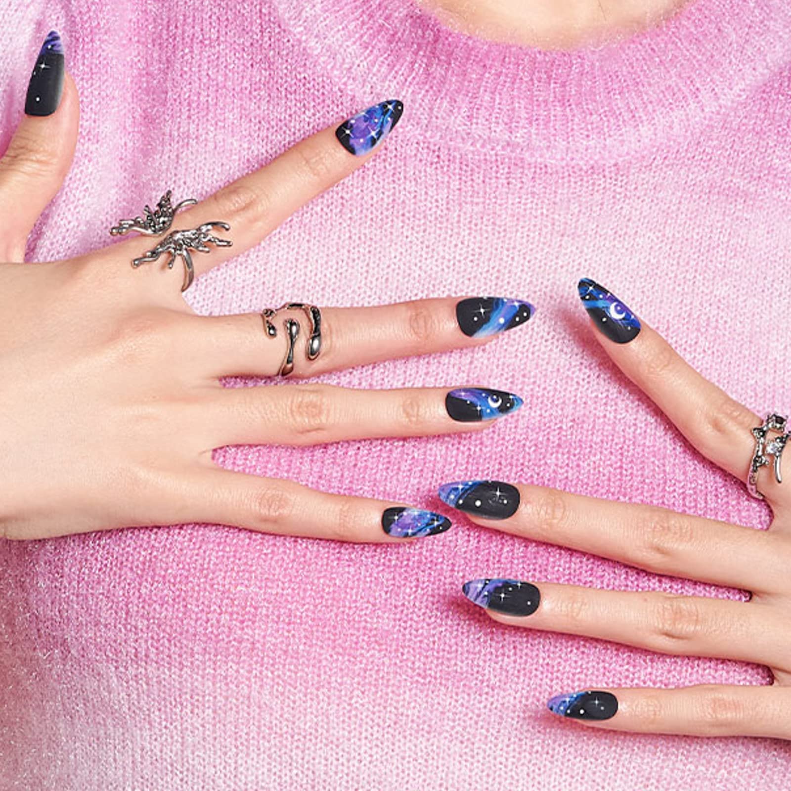 Glamermaid Black Press on Nails - Medium Almond Shape with Dull Blue Ombre & Galaxy Star Design - Reusable Acrylic Fake Nails for Women - Perfect for Parties, Weddings, and Special Occasions
