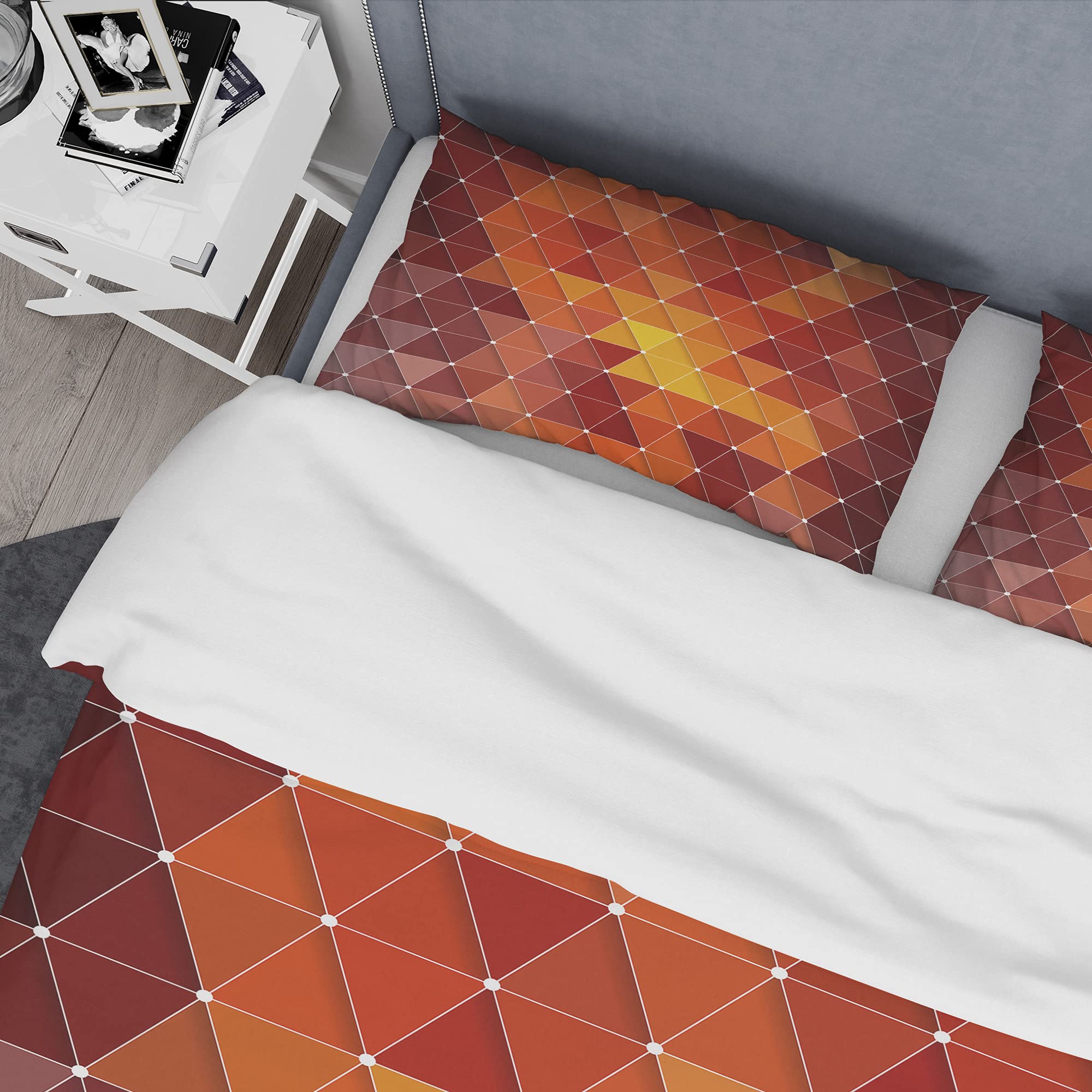 DesignQ Red & Orange Geometric Duvet Cover Set - Twin Size 3-Piece Modern Bedding, Contemporary Triangle Pattern, All-Season Comfort for Home & Guest Room Decor