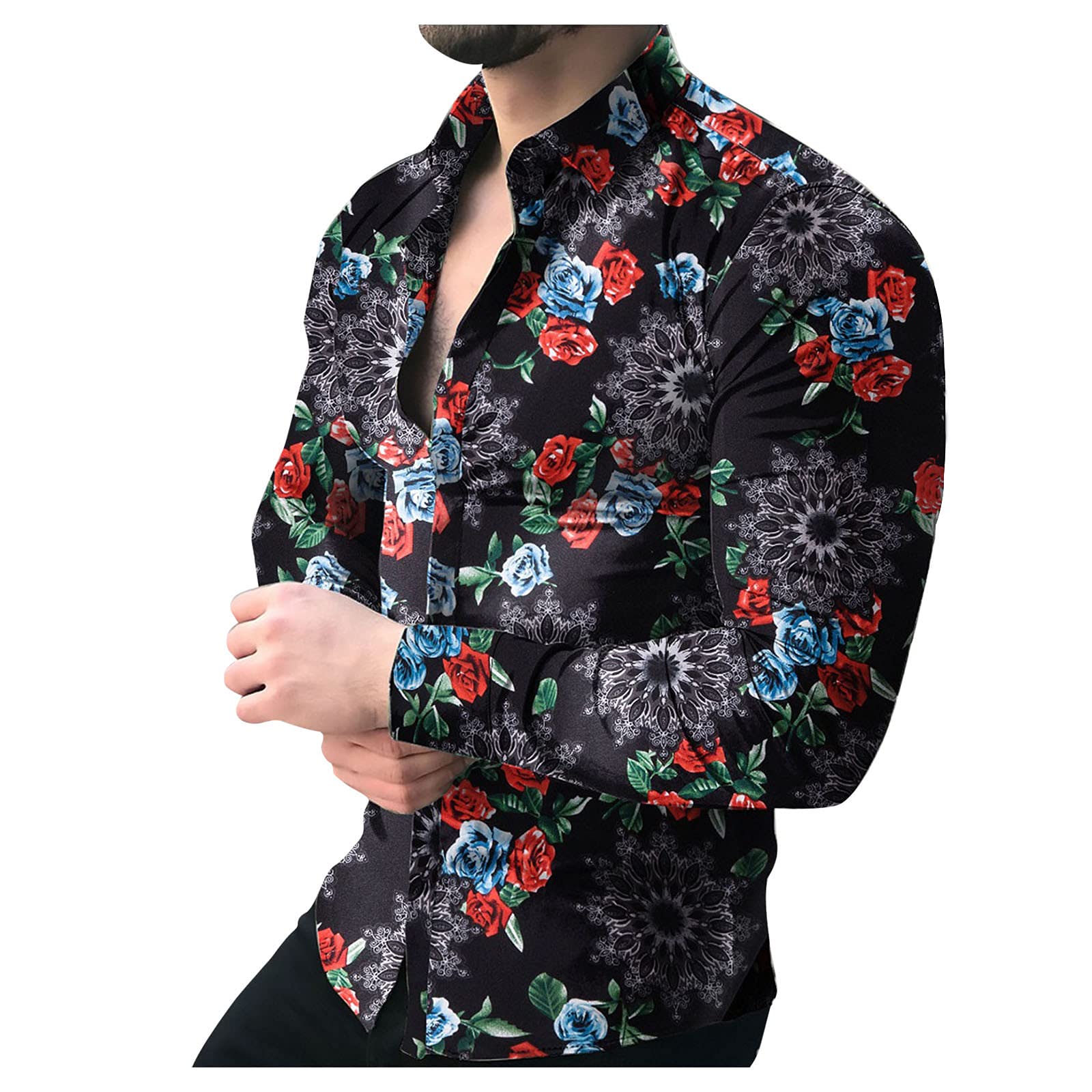 Men's Rose Print Casual Shirt - Long Sleeve Button Down Lapel Dress Shirt for Autumn & Winter | Office Wear, Date Night, Business Casual Outfits
