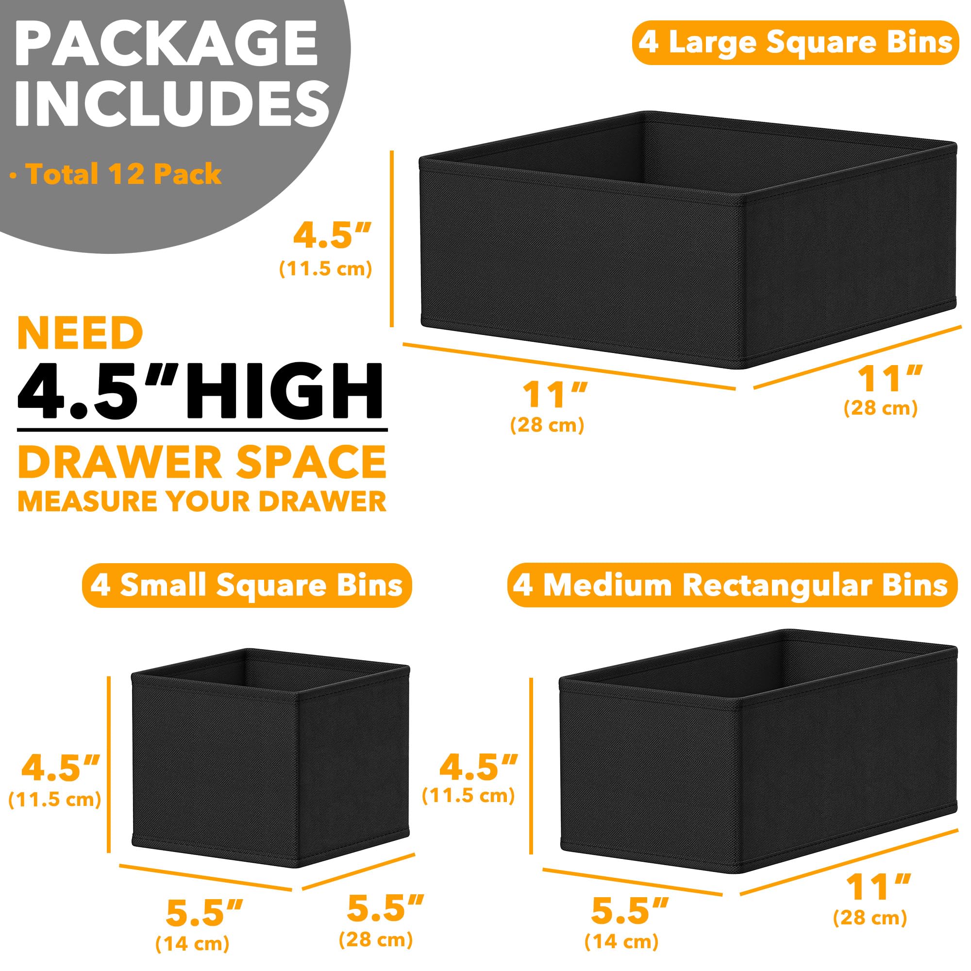 SpaceAid 12-Pack Black Drawer Organizer Bins for Clothes, Baby Clothes, Underwear & Socks - Perfect for Nursery Dresser, Closet Organization & Storage Dividers | Ideal for Home, Office & Travel Use