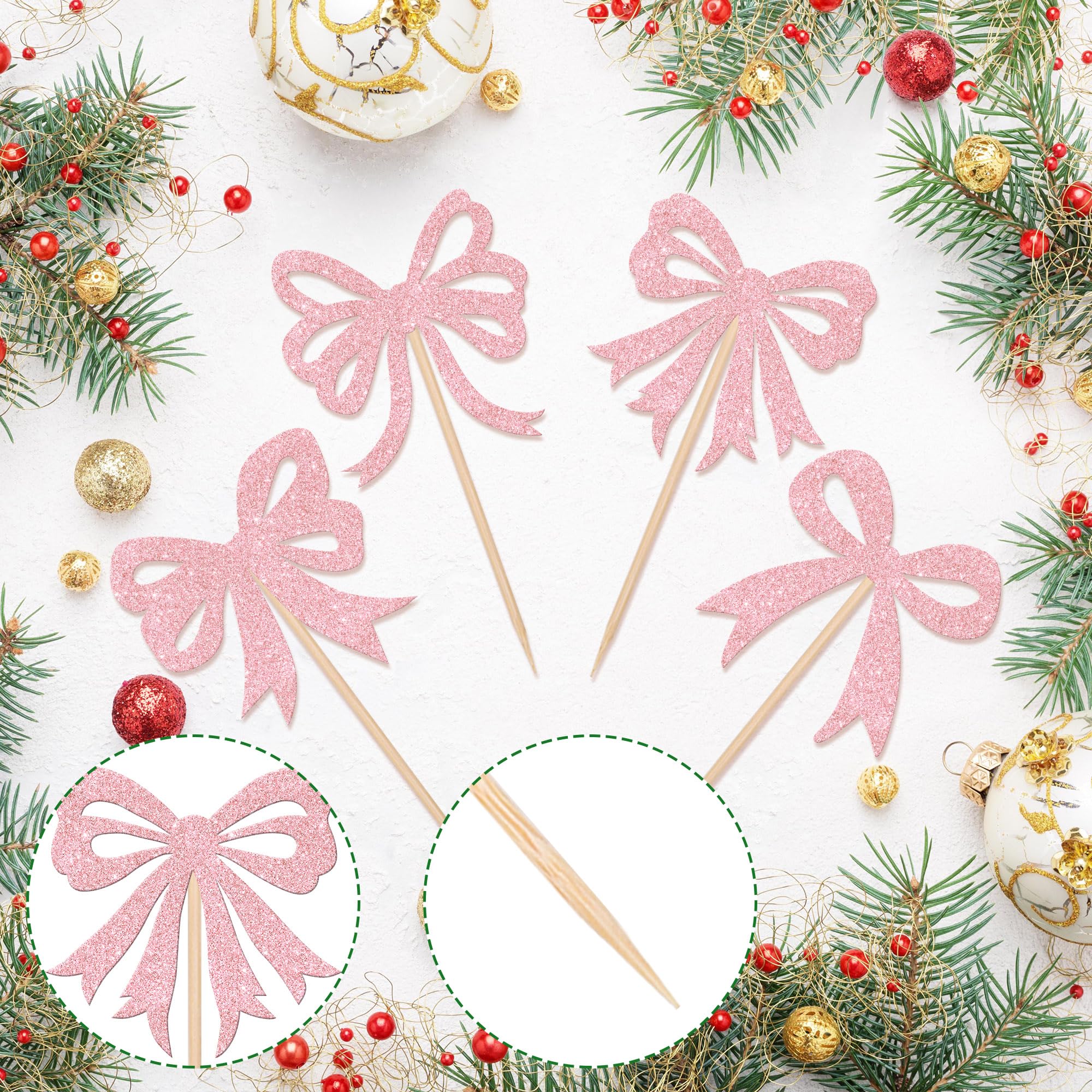 24 PCS Glitter Light Pink Bow Cupcake Toppers - Elegant Bowknot Cupcake Picks for Girls Birthday Party, Bridal Shower, Baby Shower & Bachelorette Party Decorations - Perfect for Wedding, Birthday Cakes & Dessert Table Decor