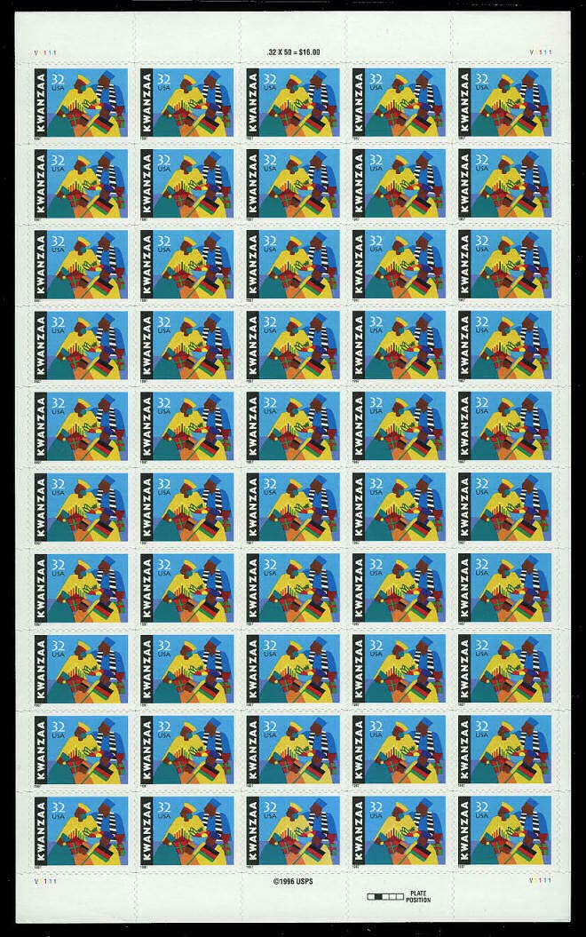 USPS Kwanzaa Celebration Sheet - 50 Collectible 32 Cent Stamps (Scott 3175) for Holiday Greetings & Philatelic Collections