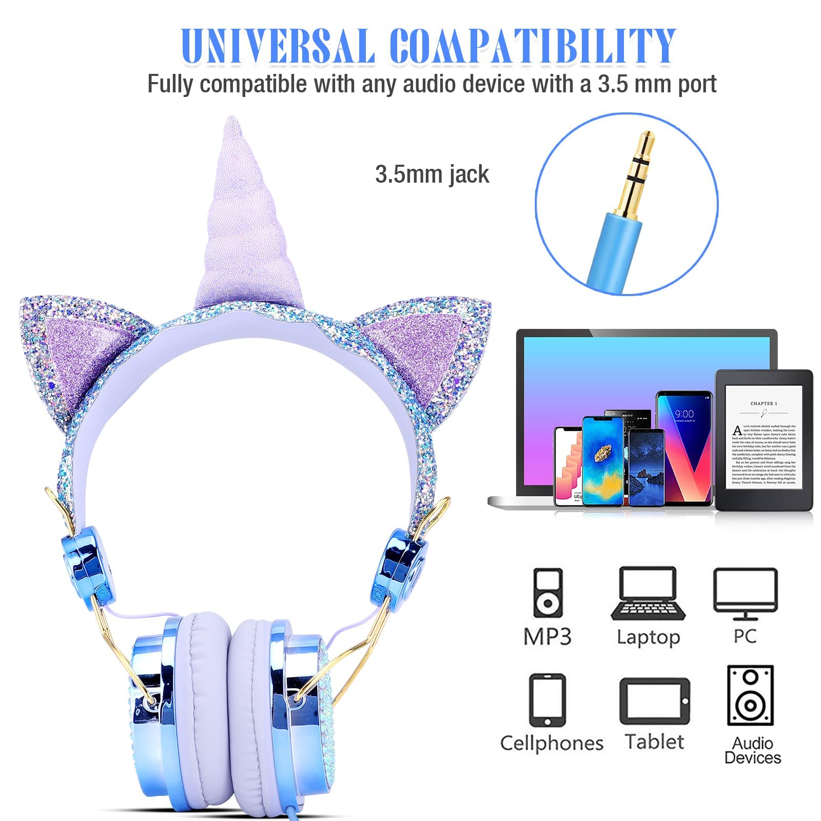 JYPS Unicorn Sparkly Rhinestone Wired Headphones for Kids - Adjustable Stereo Headset with Mic, Volume Control & Matching Bracelet (Fairy Blue) | Perfect for School, Travel & Online Learning