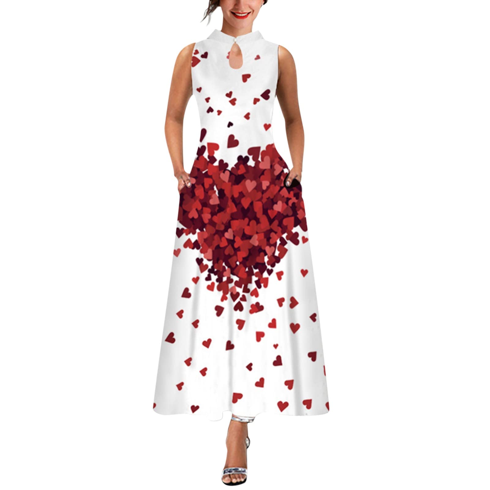 Boho Floral Print Sleeveless Maxi Dress for Women - Summer Beach Loose Long Dress with Stand Neck - Sexy Black Dress for Outdoor Parties, Vacations & Date Nights