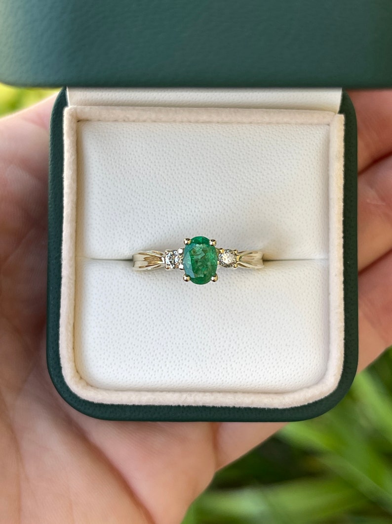 1.34tcw Natural Medium Dark Vivid Green Emerald & Diamond Three Stone Ring in 14K Gold - Elegant Engagement, Anniversary Gift for Her