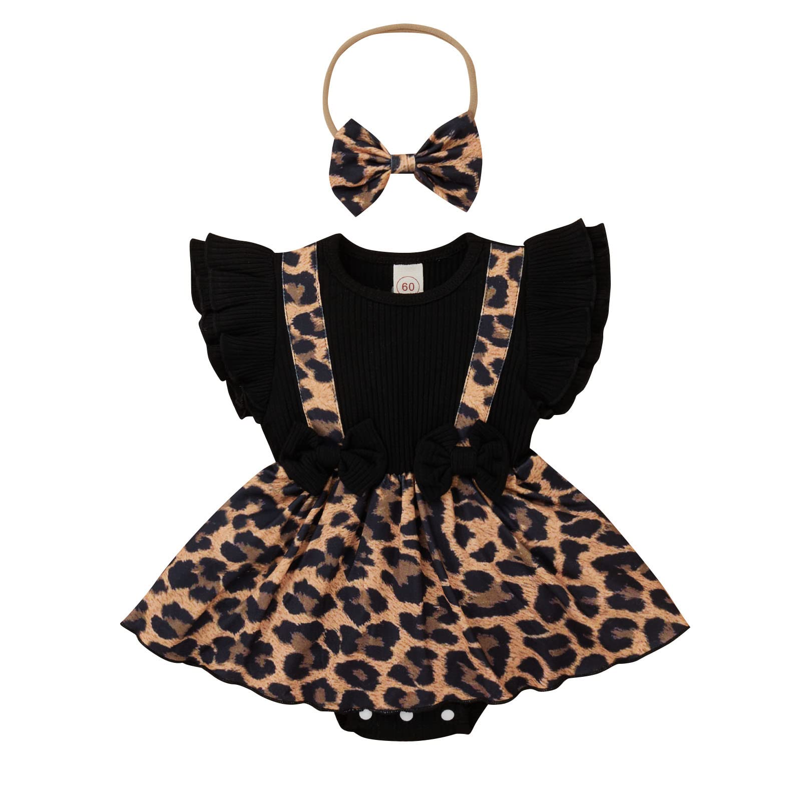 Digood Baby Girl Leopard Floral Print Ruffled Romper with Bowknot & Headband - Soft Ribbed Bodysuit for Newborns & Infants | Perfect for Photo Shoots, Birthday Parties & Casual Outings