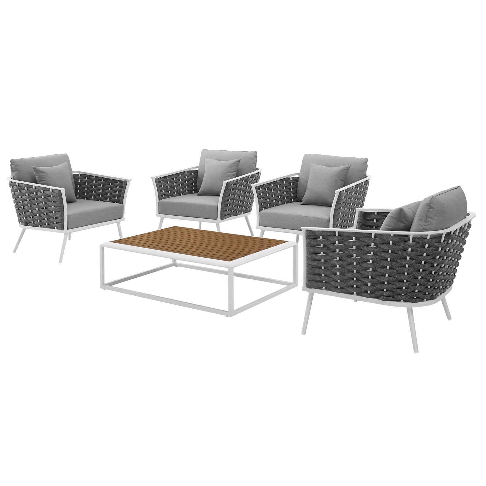 Modern Contemporary Outdoor Patio Furniture Set - Aluminum Frame with White & Gray Fabric Cushions - Includes Chair, Sofa & Table - Perfect for Garden, Poolside & Backyard Relaxation