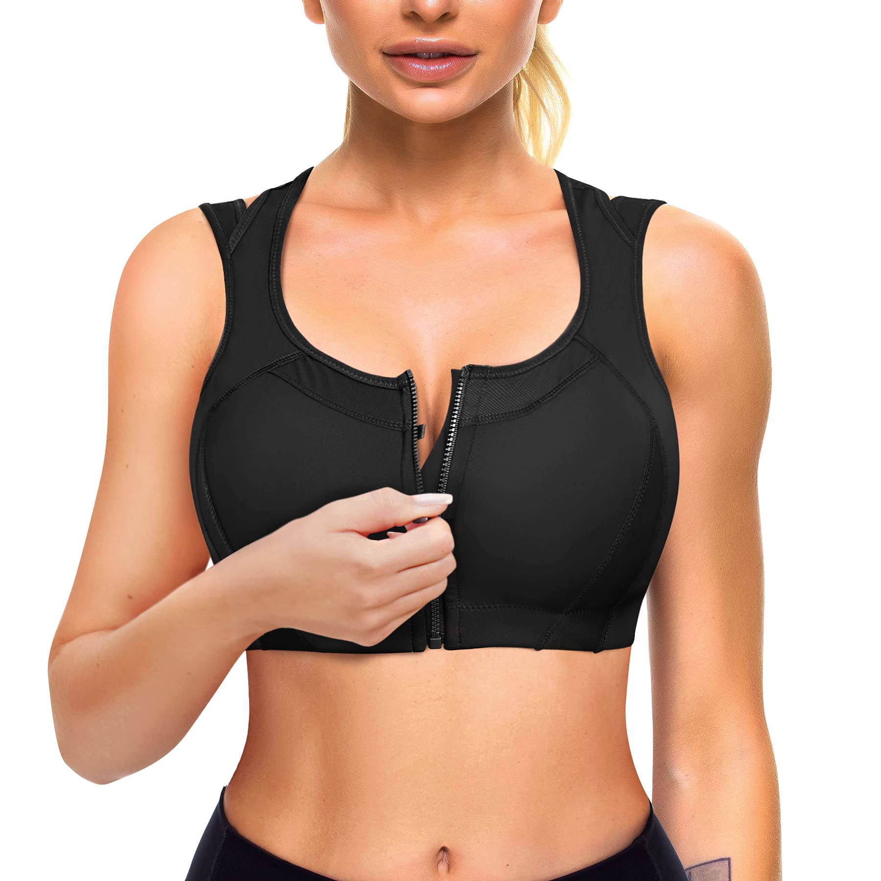 Rolewpy Women's High Impact Sports Bra - Front Closure, Padded Racerback for Workouts & Running
