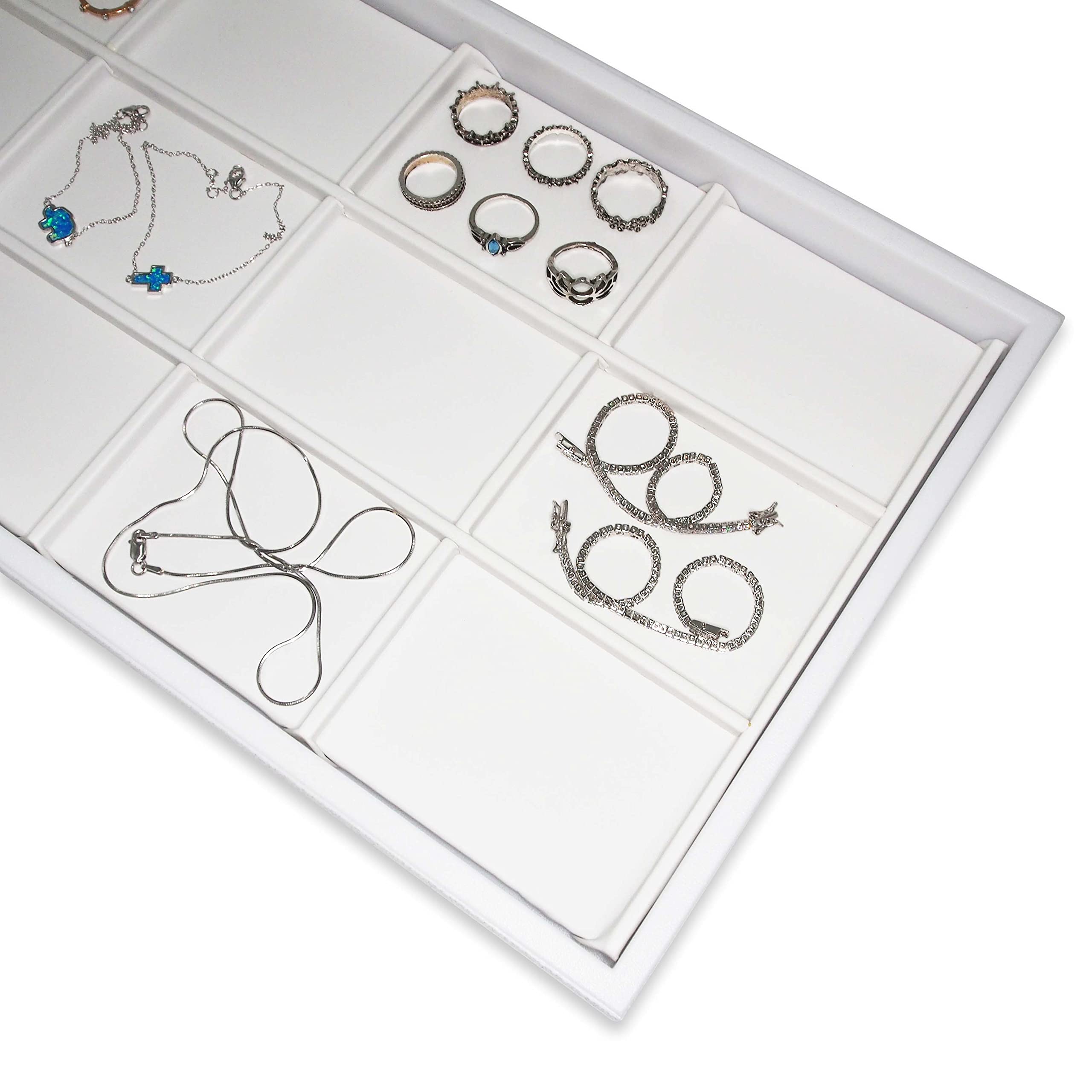 N’icePackaging 12-Compartment White Leatherette Jewelry Sorting Tray with Free-Standing Plastic Display Base - 14.75