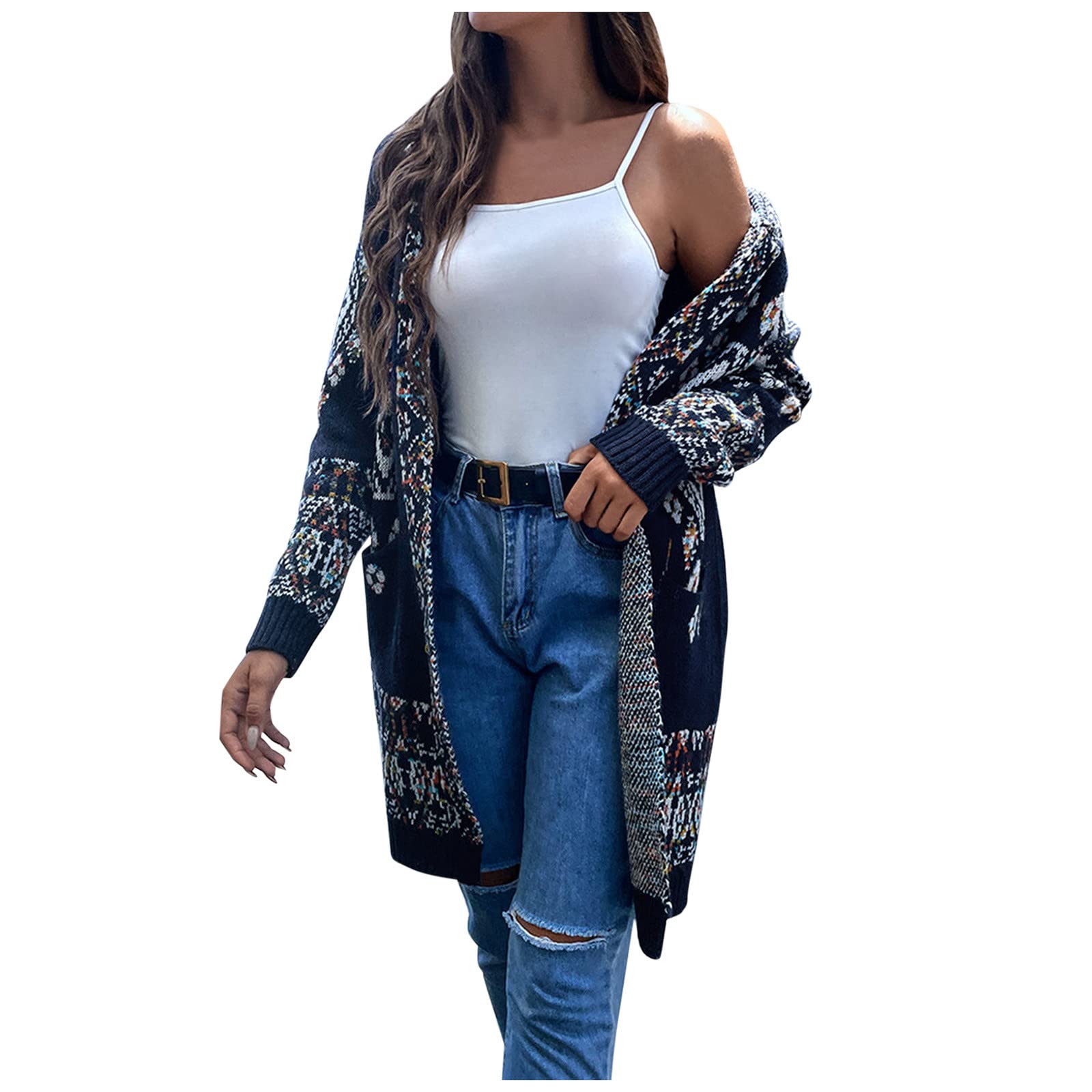 Women's Striped Printed Retro Ethnic Knitted Cardigan - Loose Fit Long Sleeve Open Front Sweater for Autumn Winter Fashion | Cozy Office Wear, Casual Outfits, Fall Layering Essential