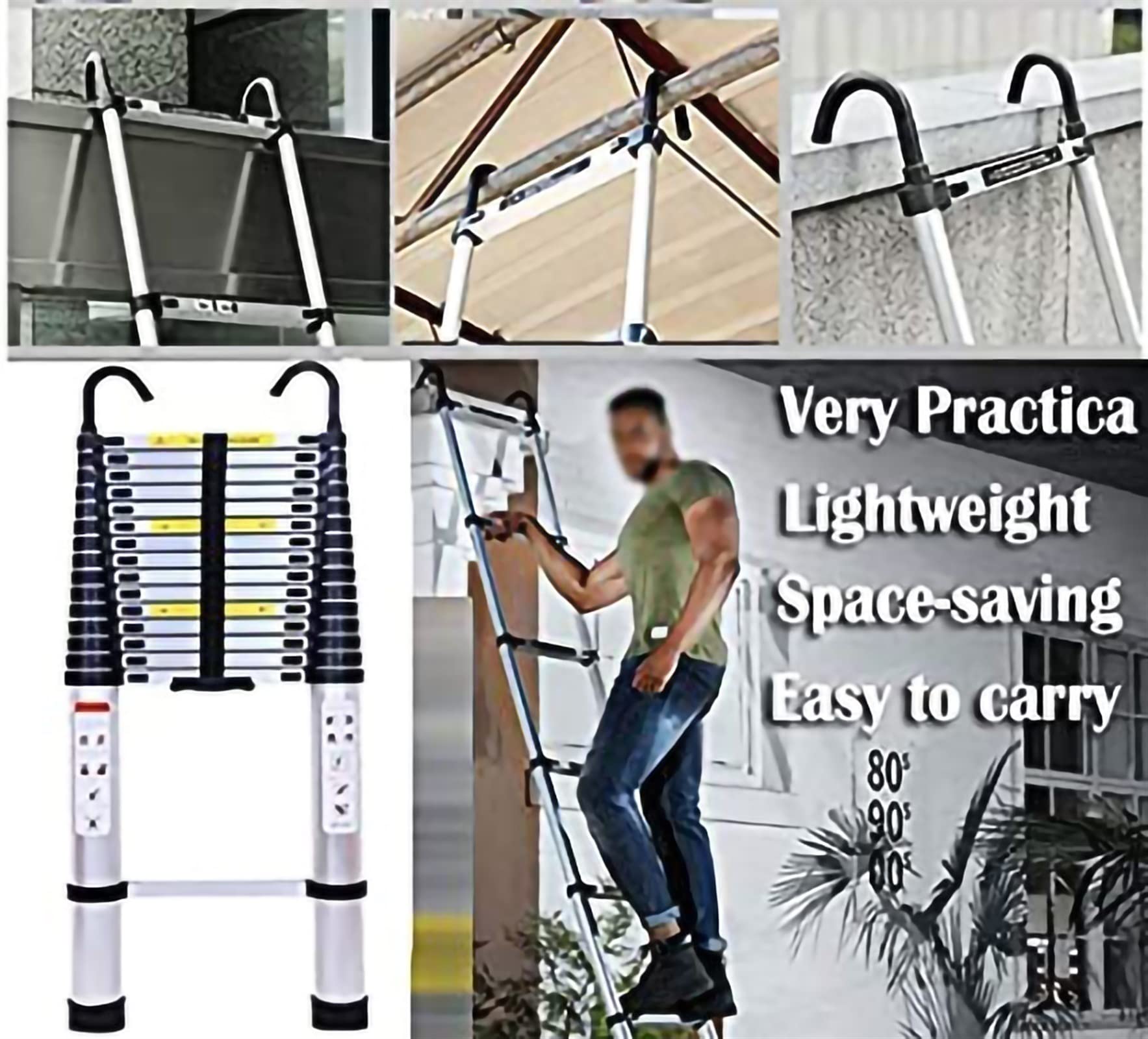 Heavy Duty Aluminum Telescoping Ladder 10.1ft - 330lb Load Capacity with Detachable Hooks - Portable Extension Ladder for Home, RV, Roofing, Painting & Outdoor Use (Silver)