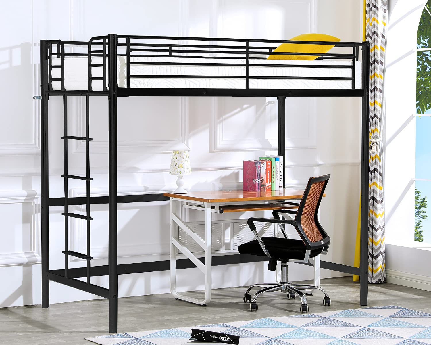 **Metal Loft Bed with Stairs & Flat Rung - Twin Size Junior High Loft Bed for Kids, Teens & Adults - No Box Spring Needed - Black - Perfect for Small Spaces, Dorms & Guest Rooms**