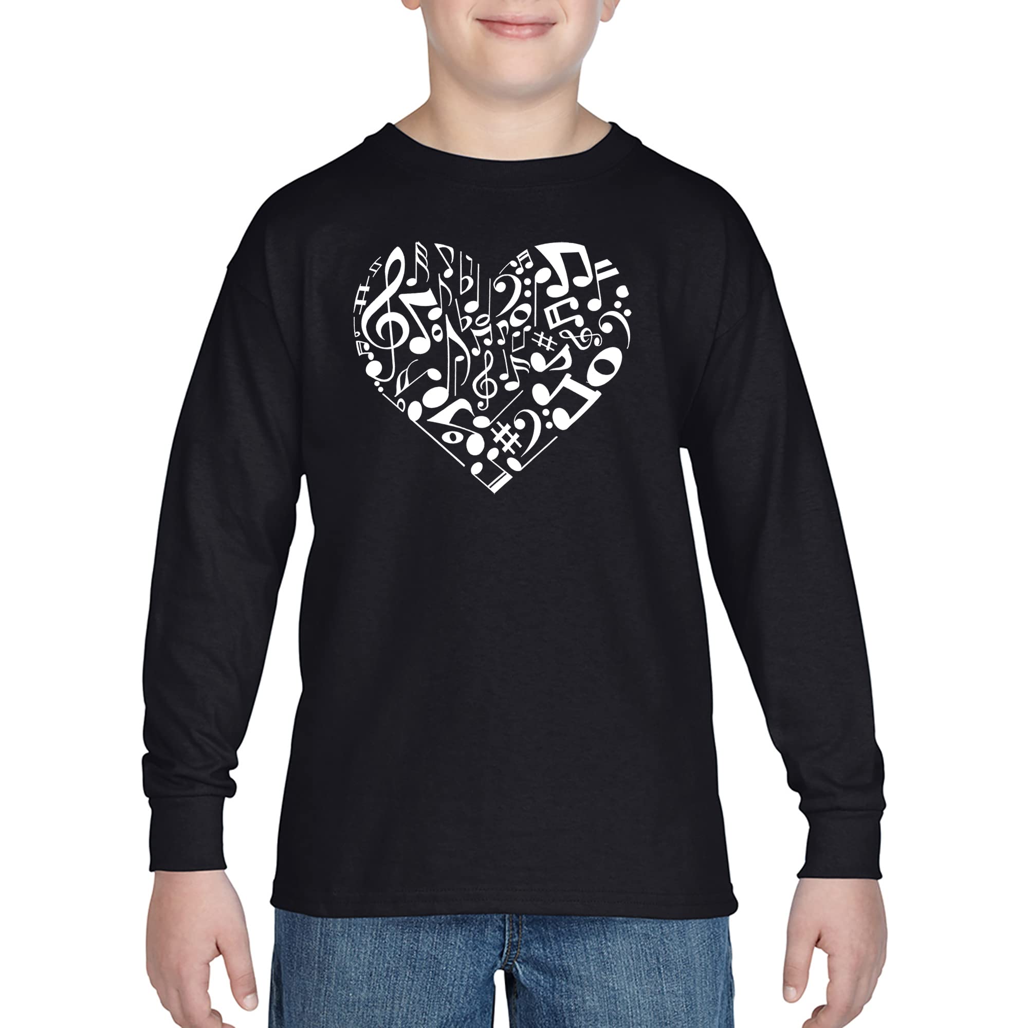 LA POP ART Boys' Word Art Long Sleeve T-Shirt - Heart Notes Design | Trendy Graphic Tee for Kids | Perfect for School, Casual Wear & Family Photos