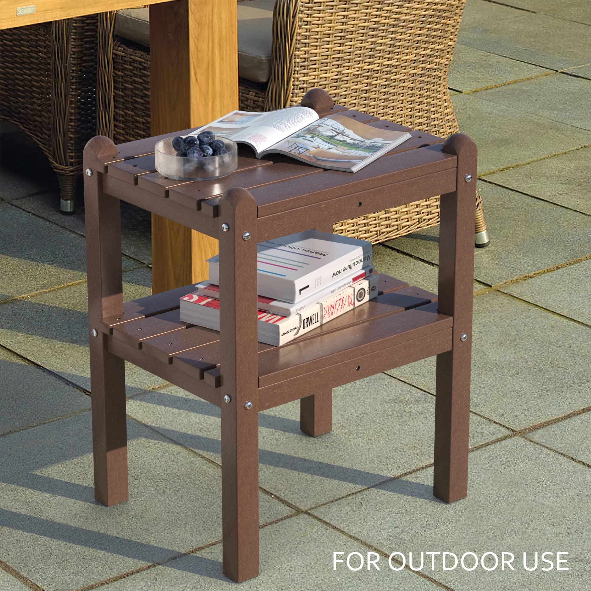 TORVA 2-Tier Outdoor Side Table - Weather-Resistant Adirondack End Table for Patio, Deck, Garden & Poolside - Easy Maintenance Rectangular Accent Table for Indoor/Outdoor Use - Perfect for Backyard, Porch & Outdoor Entertaining (Brown)