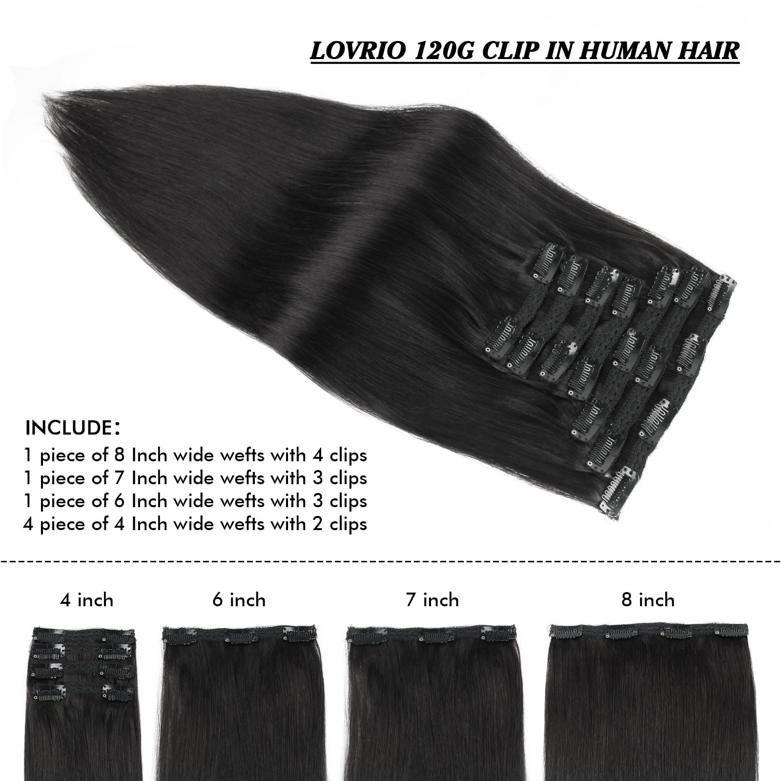 Premium 9A Grade Jet Black Virgin Human Hair Extensions - 18 Inch Clip-In 7-Piece Set (120g, 18 Clips) for Thick & Full Volume - Perfect for Styling, Parties & Everyday Glam