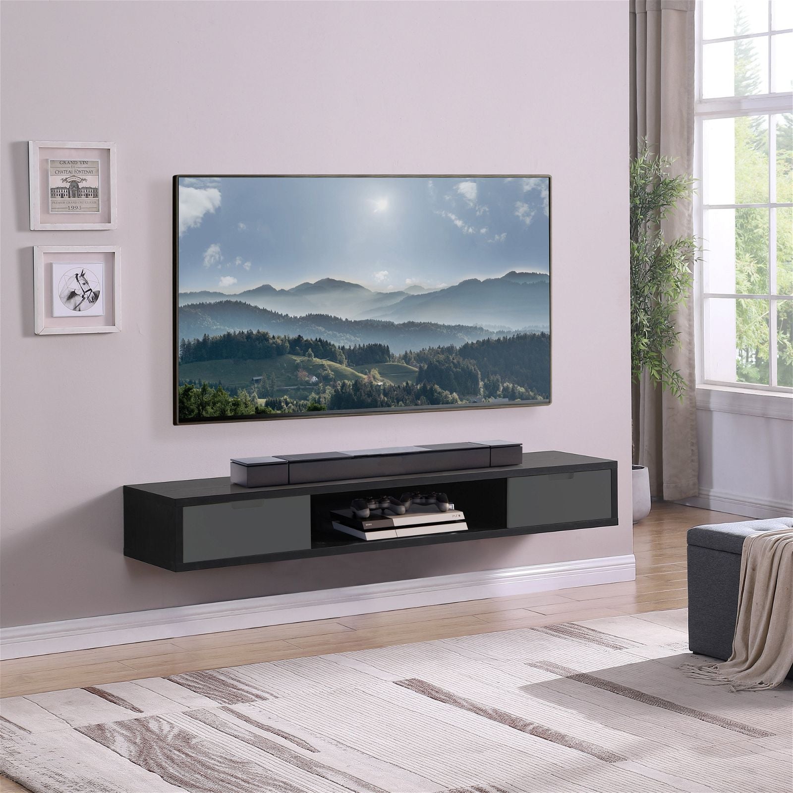 Wall Mounted TV Stand 1800mm Black Oak with Grey Drawers - Modern Entertainment Center for Living Room by Criterion | Perfect for Home Theater Setup & Media Storage